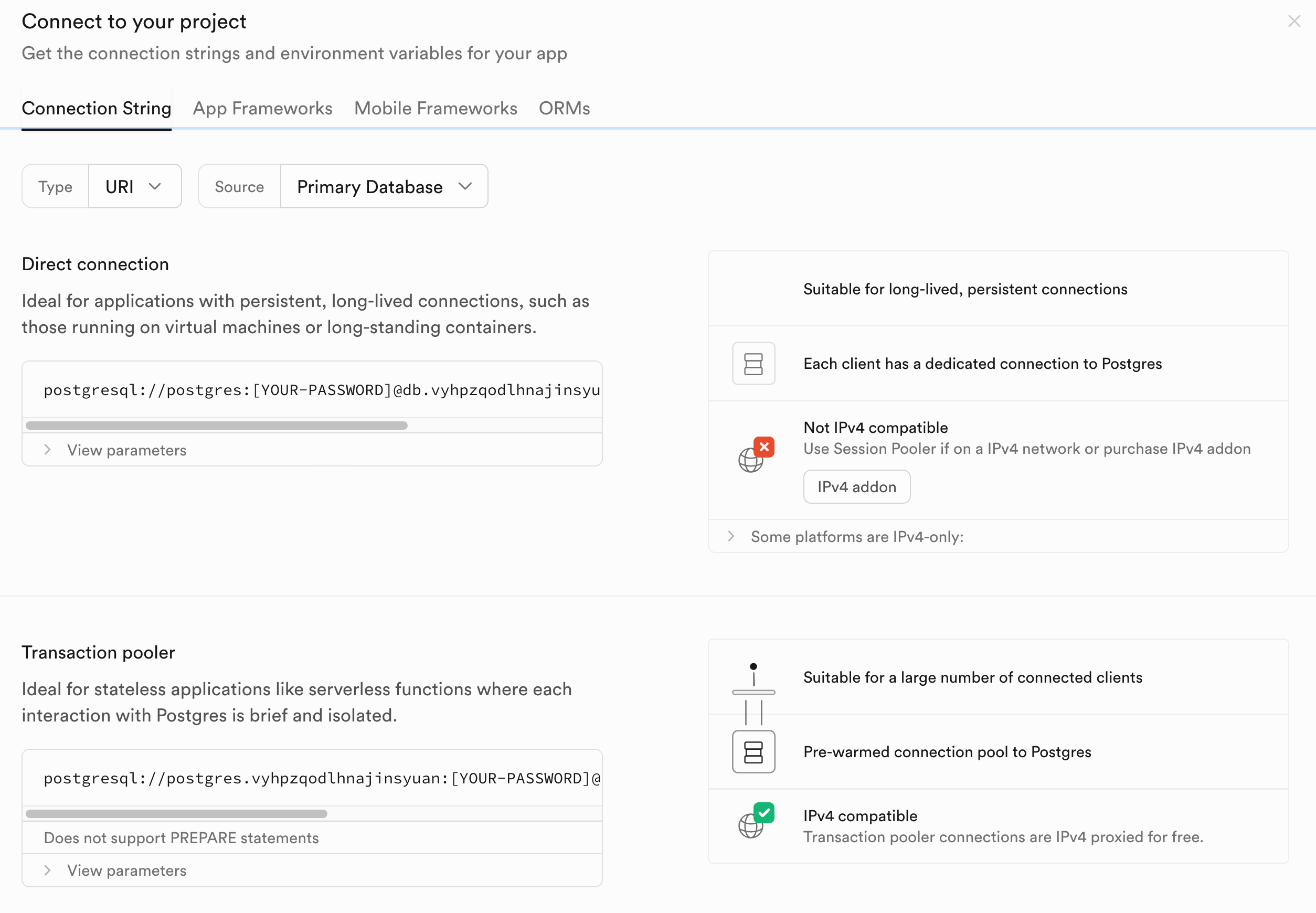 Screenshot of Supabase dashboard showing the database connection menu with various connection options including the Transaction pooler URI