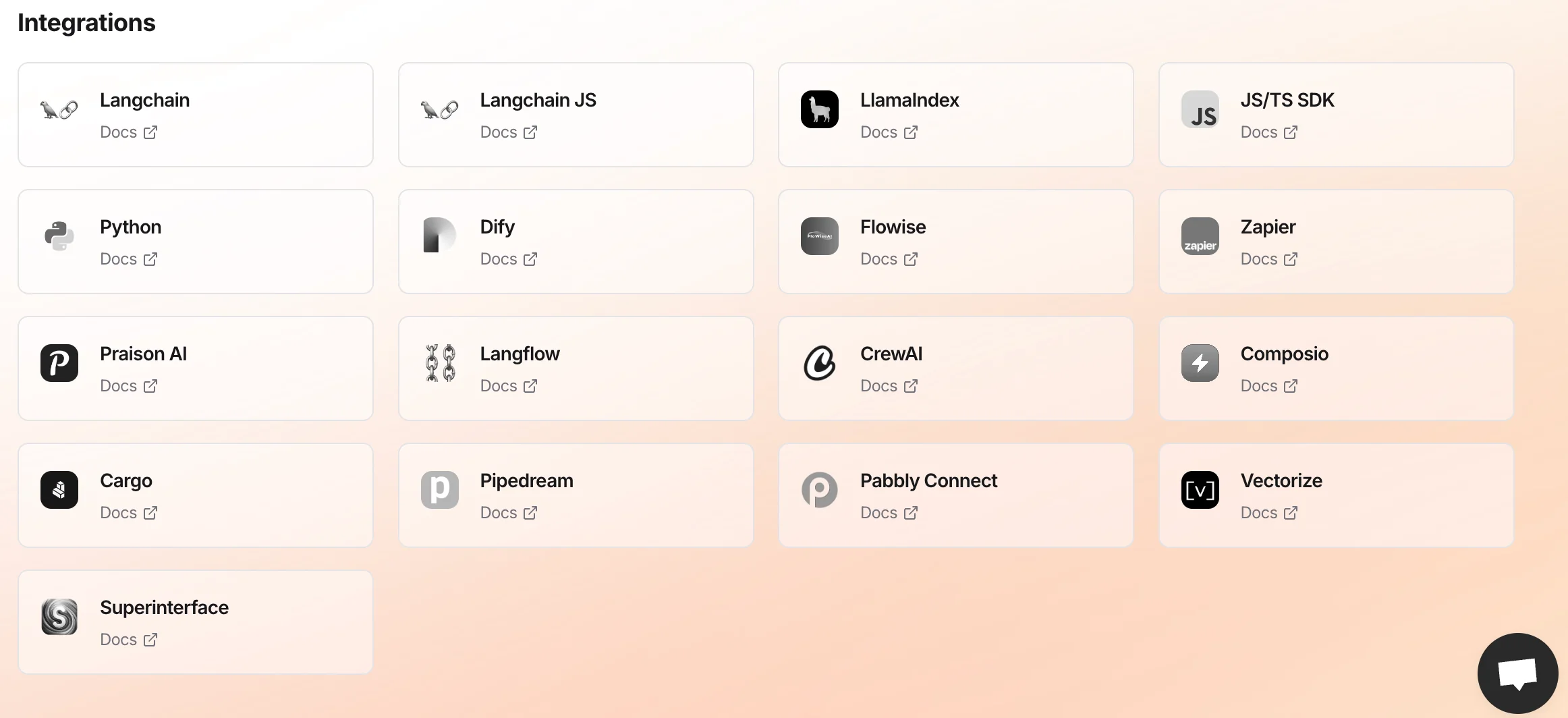Popular open-source tools that integrate with Firecrawl including LangChain, LlamaIndex, CrewAI, and vector databases