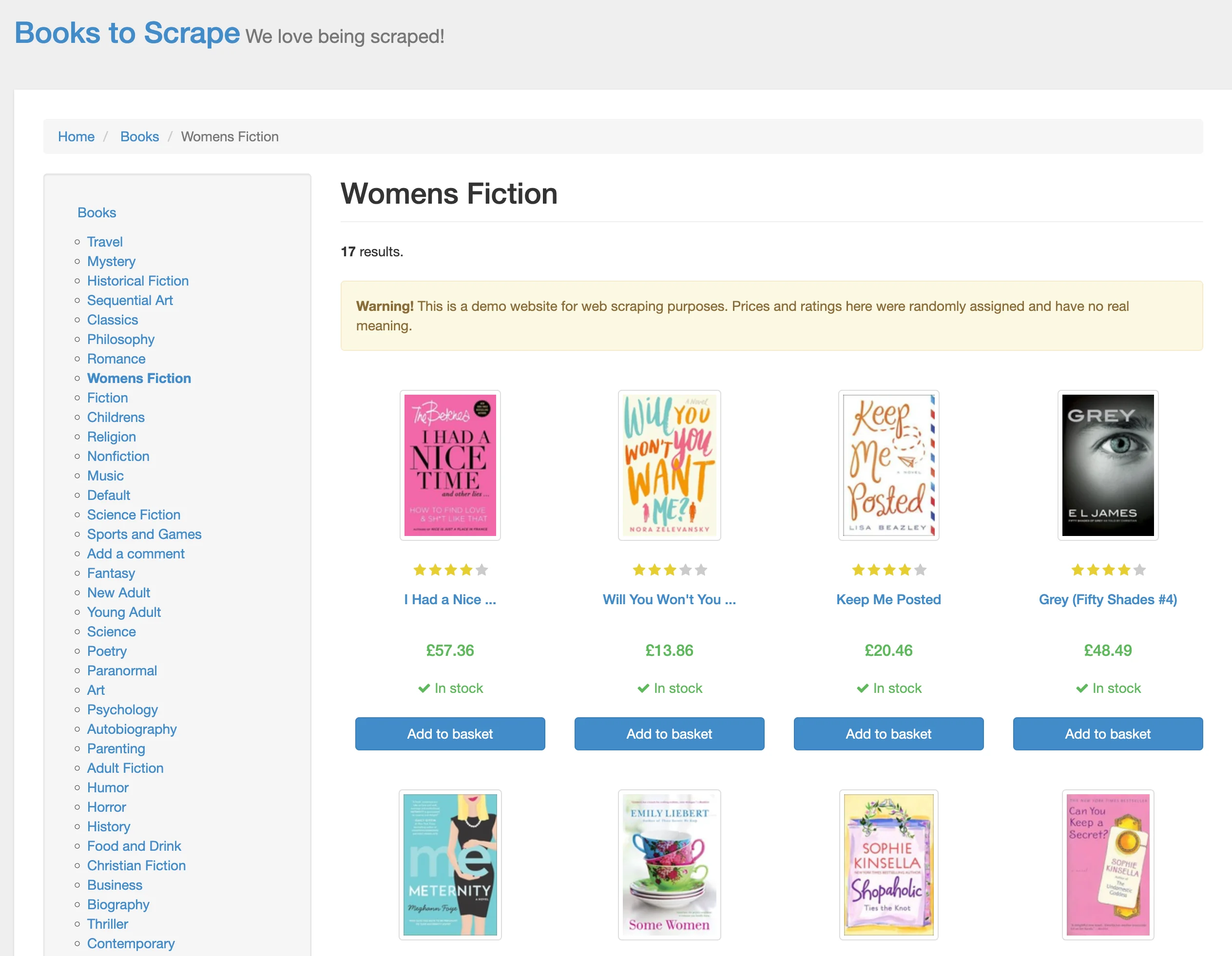 Screenshot of Books to Scrape website showing the Women's Fiction category page with book listings and pagination