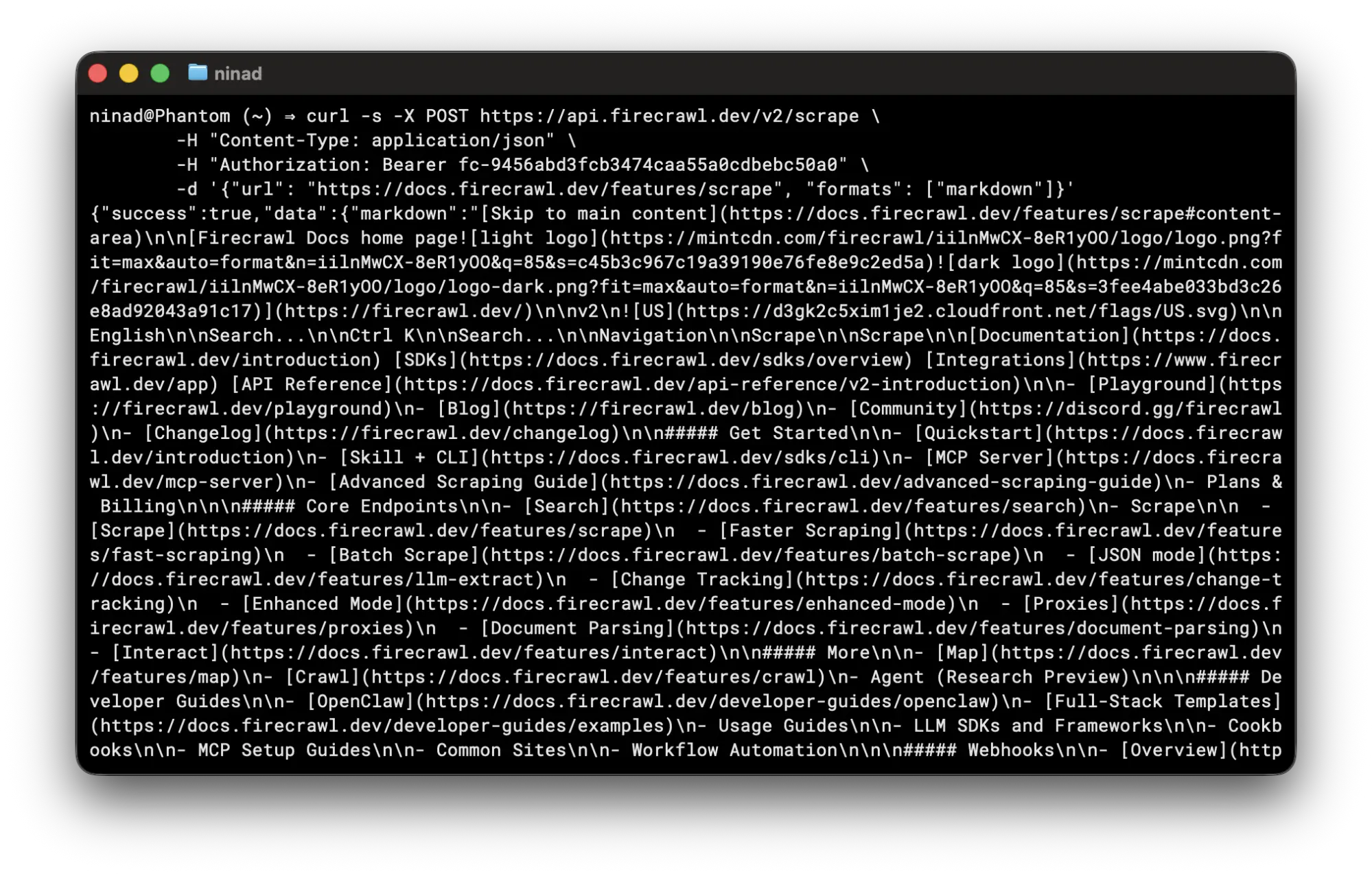 Terminal JSON output showing a scrape result from Firecrawl API