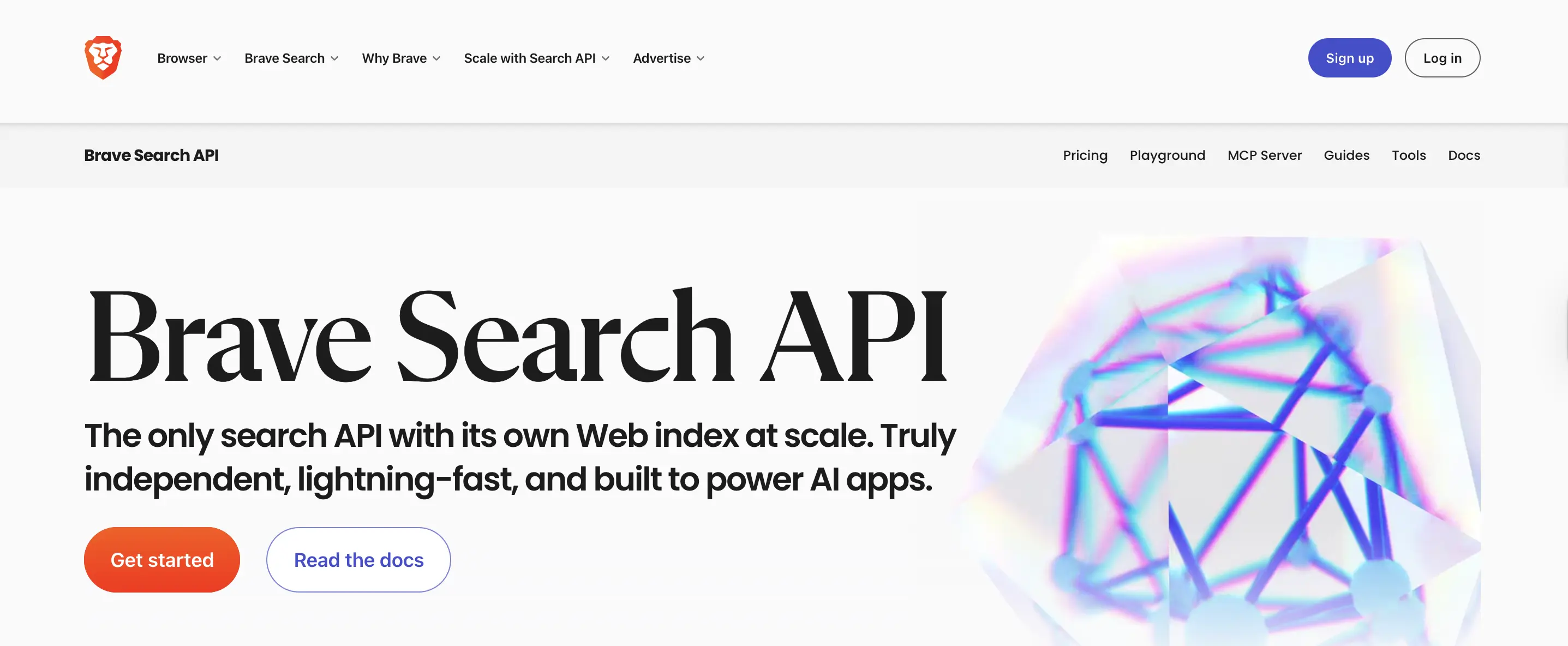 Brave Search homepage showing the privacy-first search API for deep research workflows