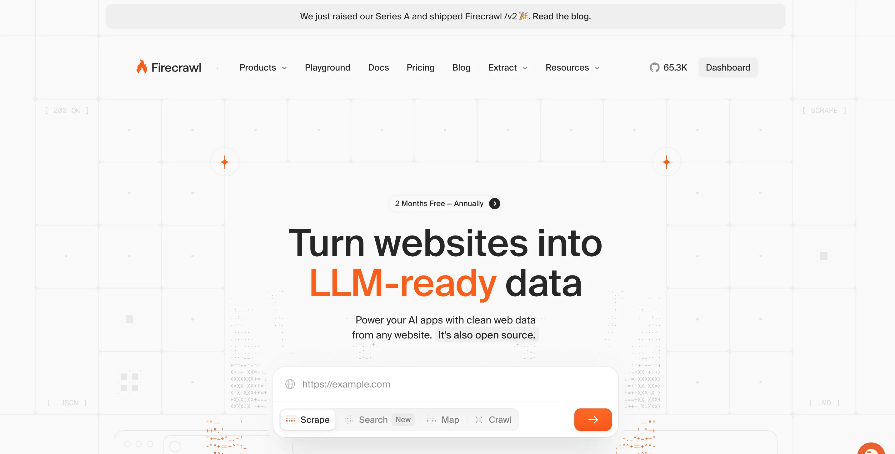 Firecrawl homepage showing the web scraping and deep research API platform for AI agents