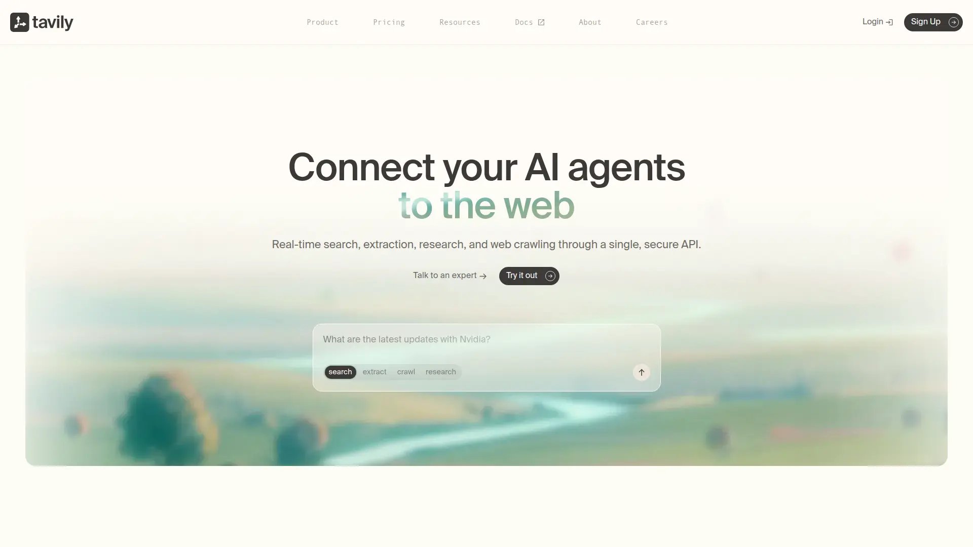 Tavily homepage showing the search API for AI agents and LLM applications