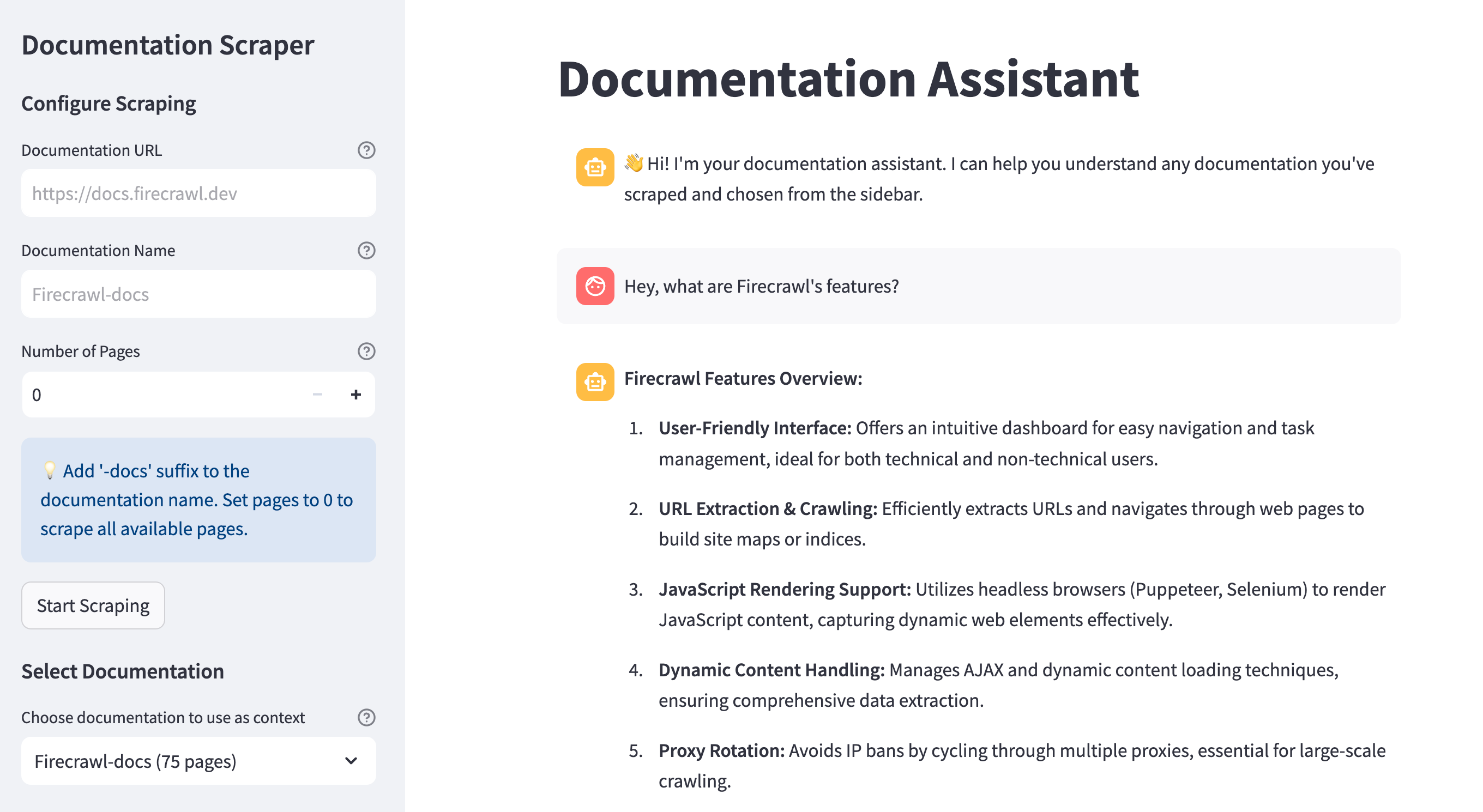 A screenshot showing the documentation assistant interface with a chat window on the right and a sidebar on the left for managing documentation sources