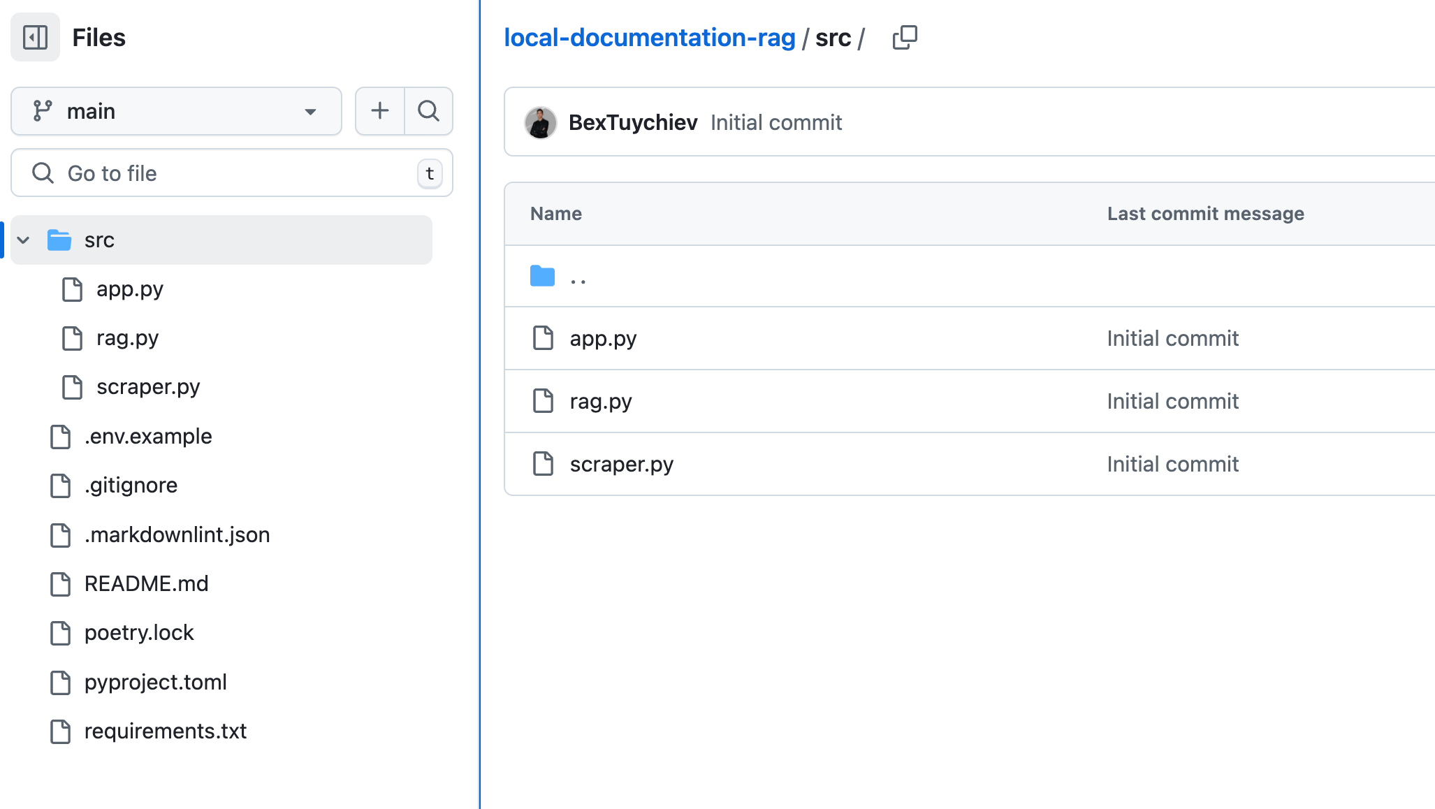 GitHub repository file structure showing src directory with core Python files and configuration files