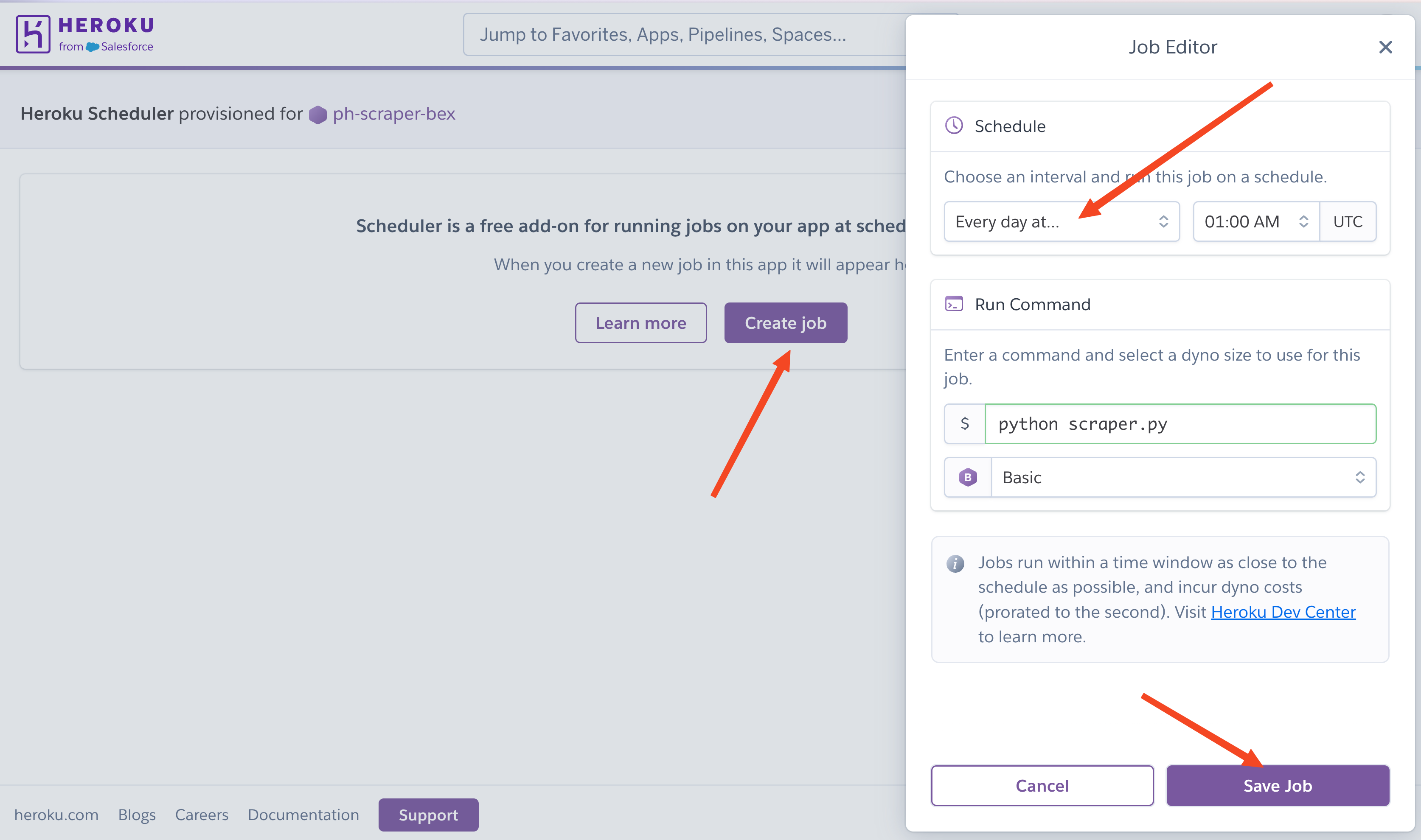 Screenshot of Heroku Scheduler dashboard showing job configuration interface with frequency dropdown and command input field for scheduling automated web scraper tasks