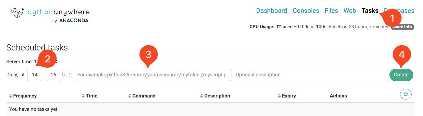 Screenshot of PythonAnywhere task scheduler interface showing scheduling options and command input field for automated web scraping tasks