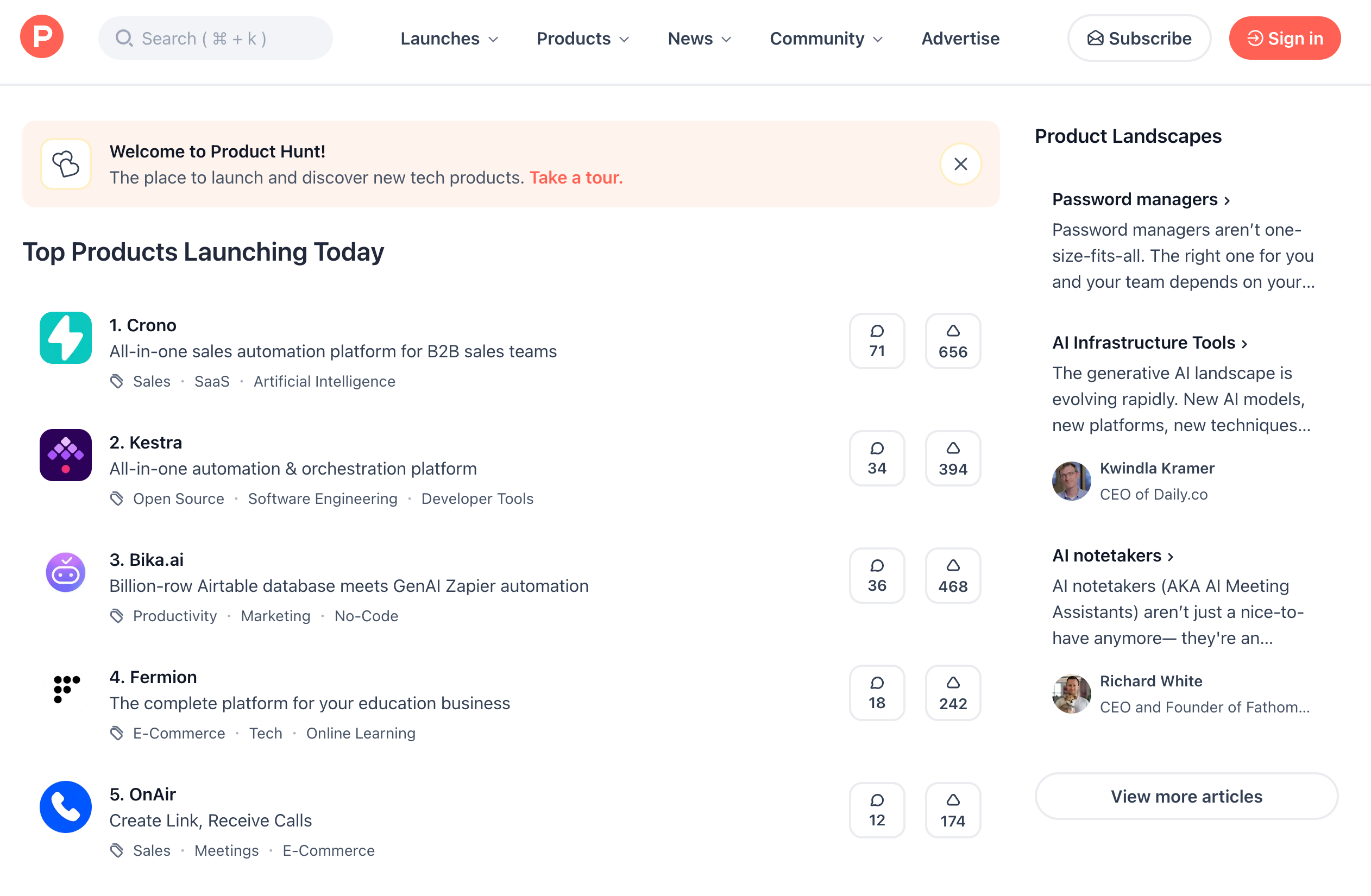 Screenshot of Product Hunt homepage showing Yesterday's Top Products section with product cards displaying titles, descriptions, upvotes and comments