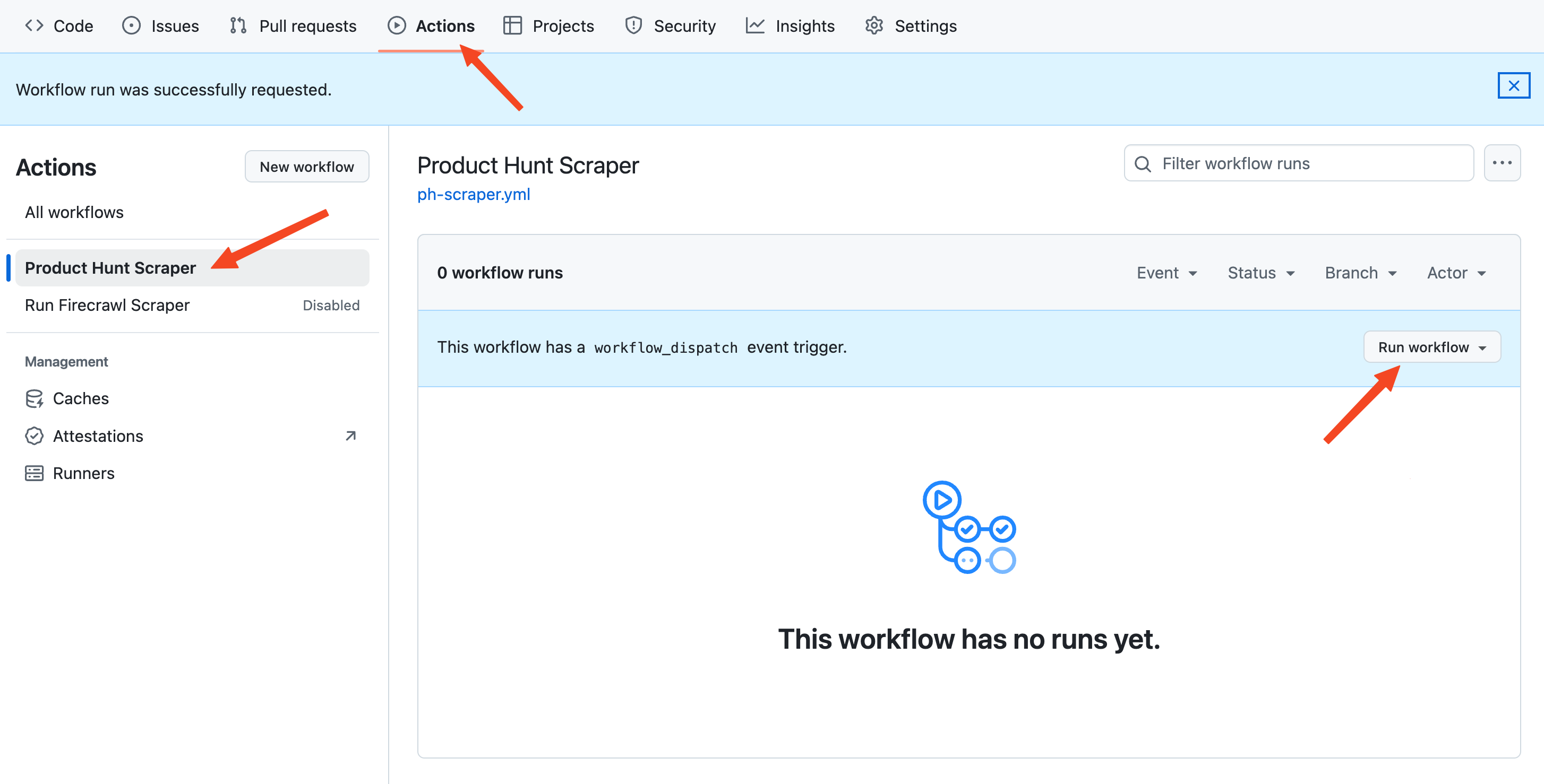 Screenshot of GitHub Actions workflow interface showing run workflow button and workflow status for web scraper automation