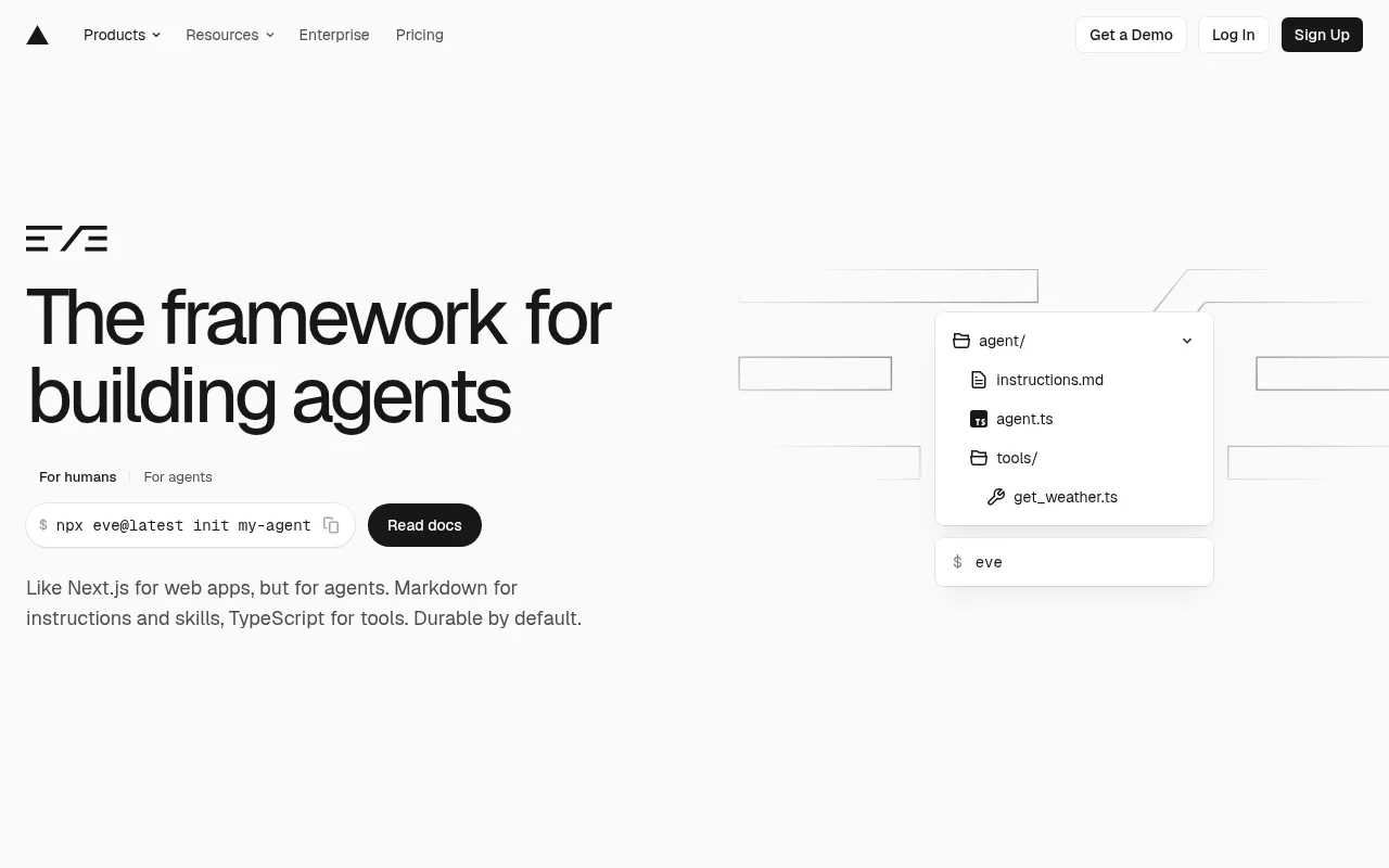 The eve landing page showing an agent defined as a directory of files: instructions.md, agent.ts, and a tools folder