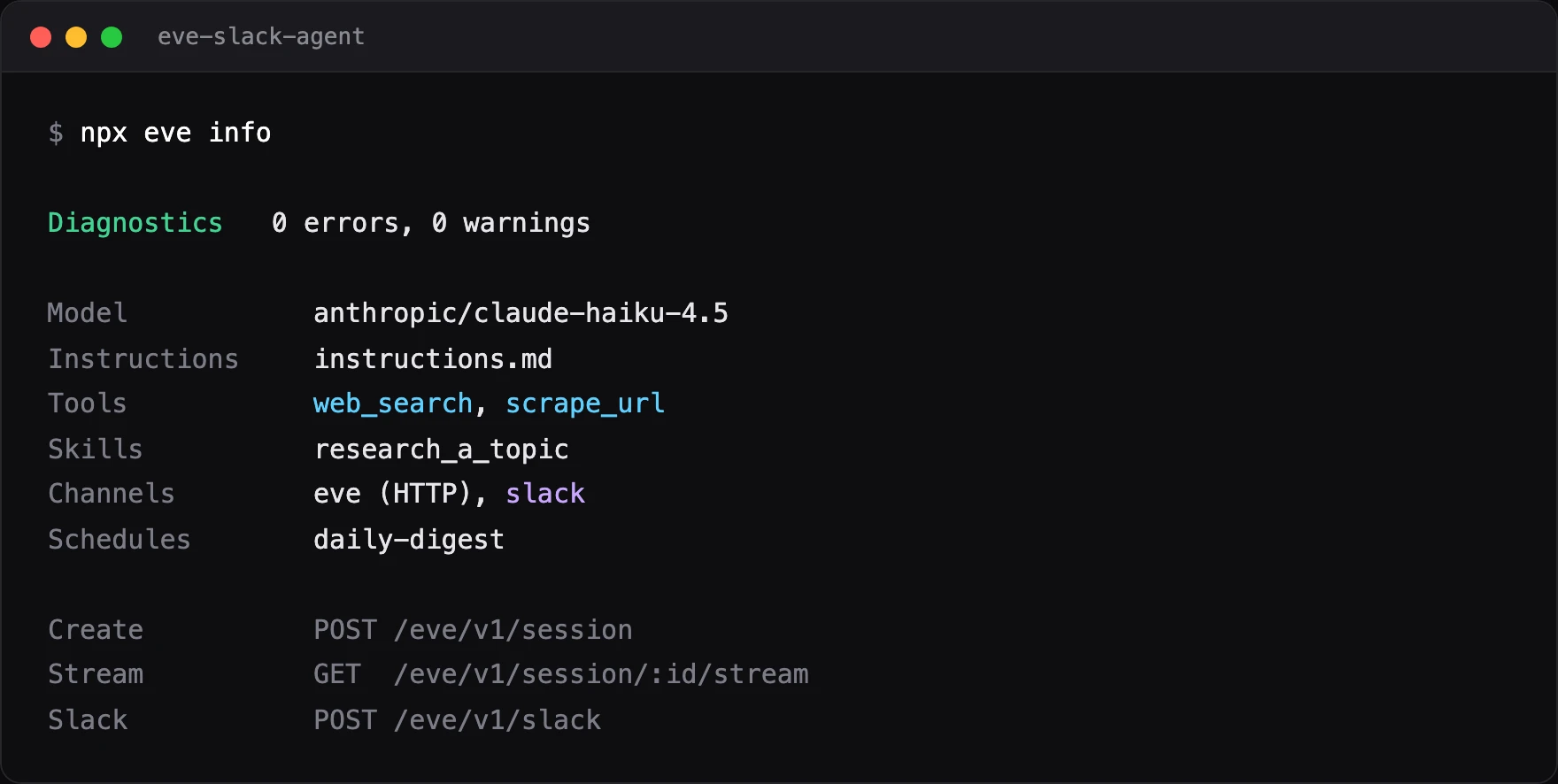 Output of npx eve info listing the discovered model, web_search and scrape_url tools, the research_a_topic skill, the eve and slack channels, and the daily-digest schedule
