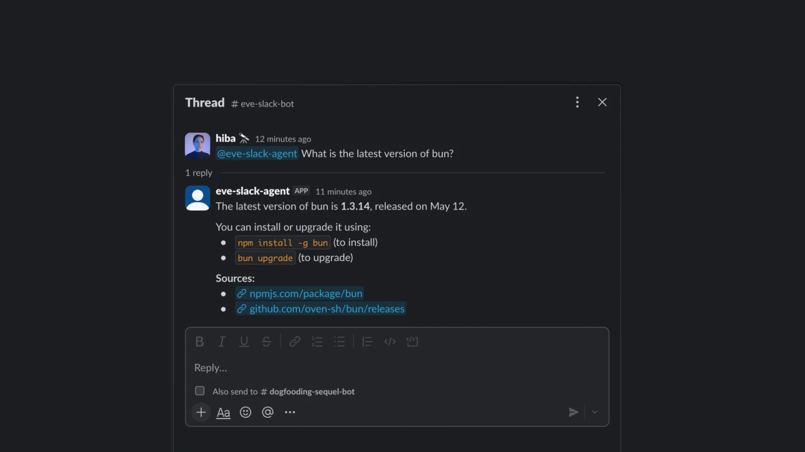 A Slack thread where a user @mentions eve-slack-agent asking for the latest version of Bun, and the bot replies with Bun 1.3.14, install and upgrade commands, and cited source links