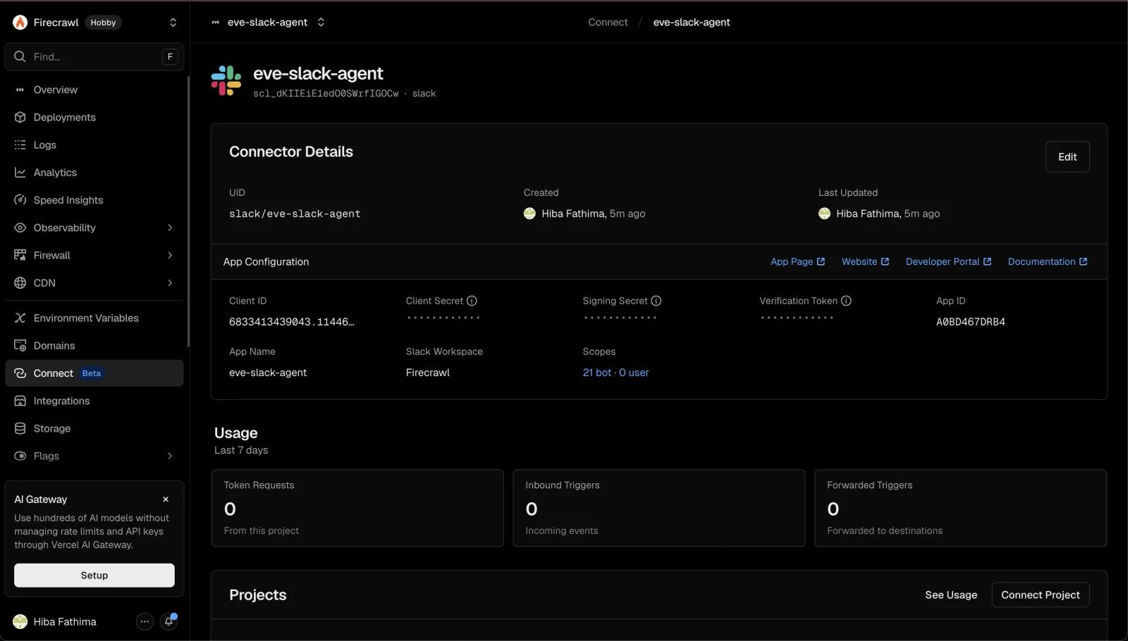 The Vercel Connect details page for the eve-slack-agent Slack connector, showing the UID slack/eve-slack-agent, app configuration, and 21 bot scopes, with all secrets managed by Connect
