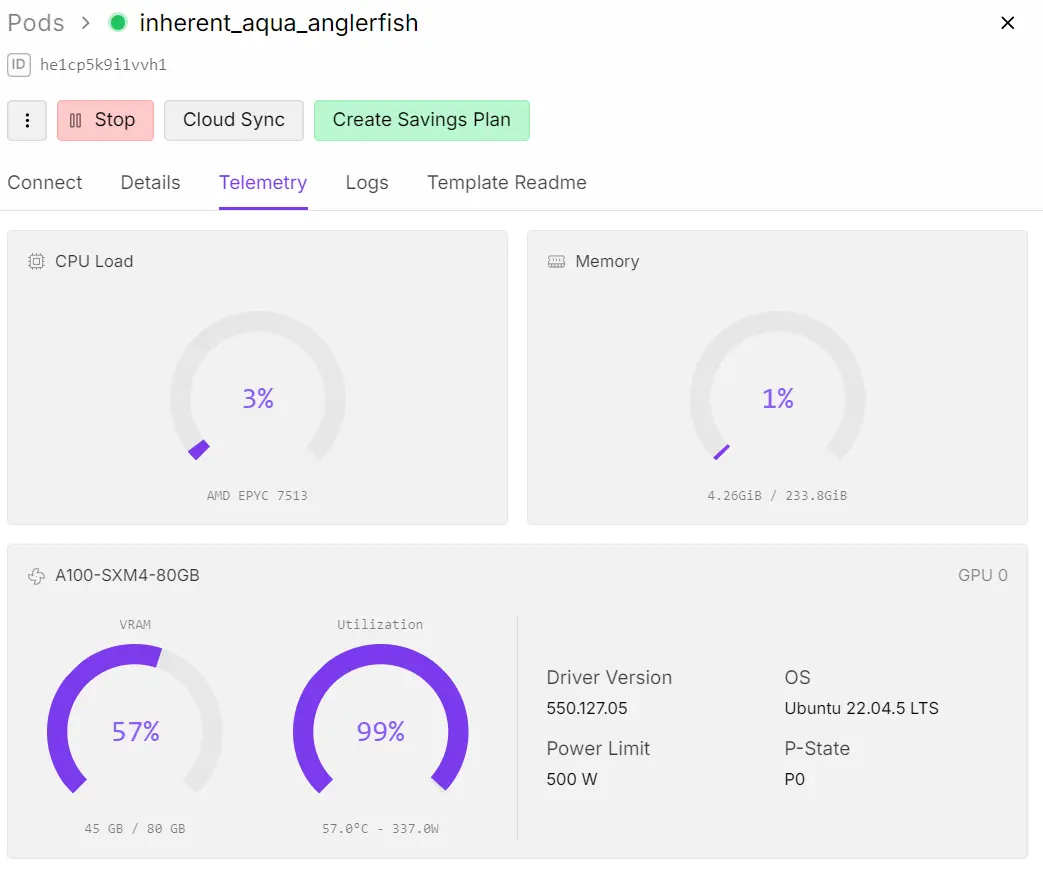Monitor GPU usage directly from your RunPod dashboard