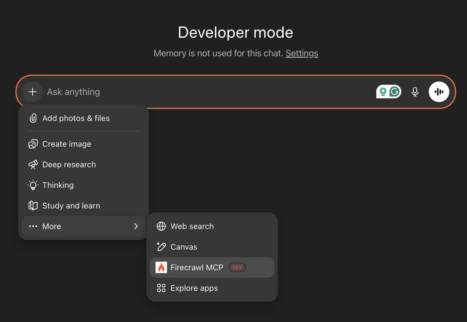 ChatGPT interface showing the 'More' menu with 'Firecrawl MCP' selected