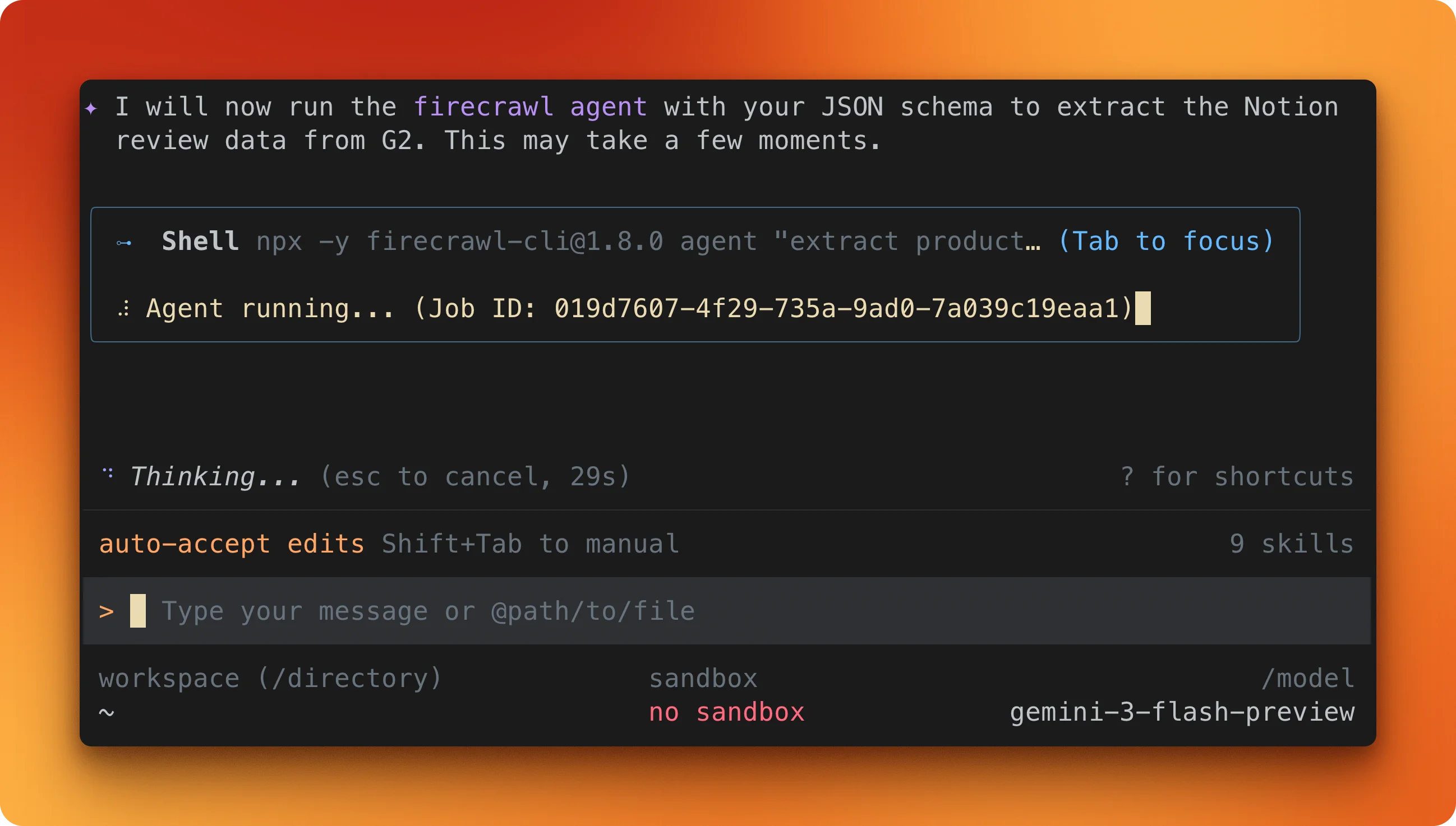Firecrawl agent running structured extraction on the G2 Notion page