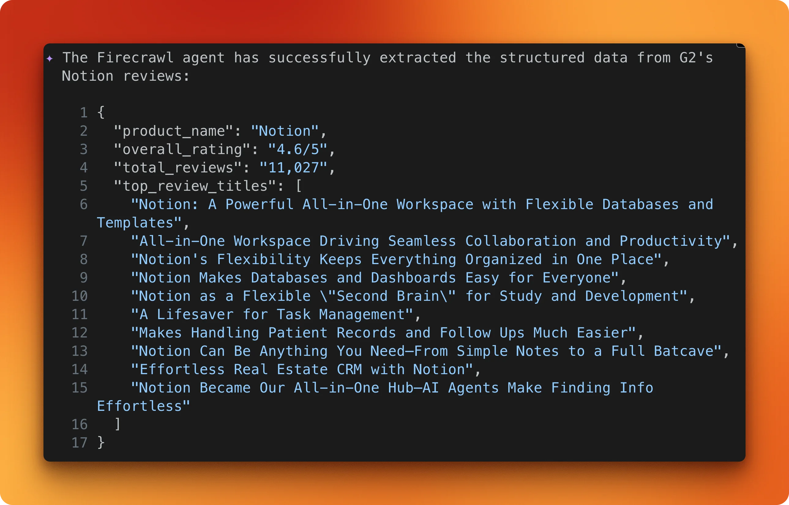 JSON extraction result showing product name, rating, review count, and top review titles