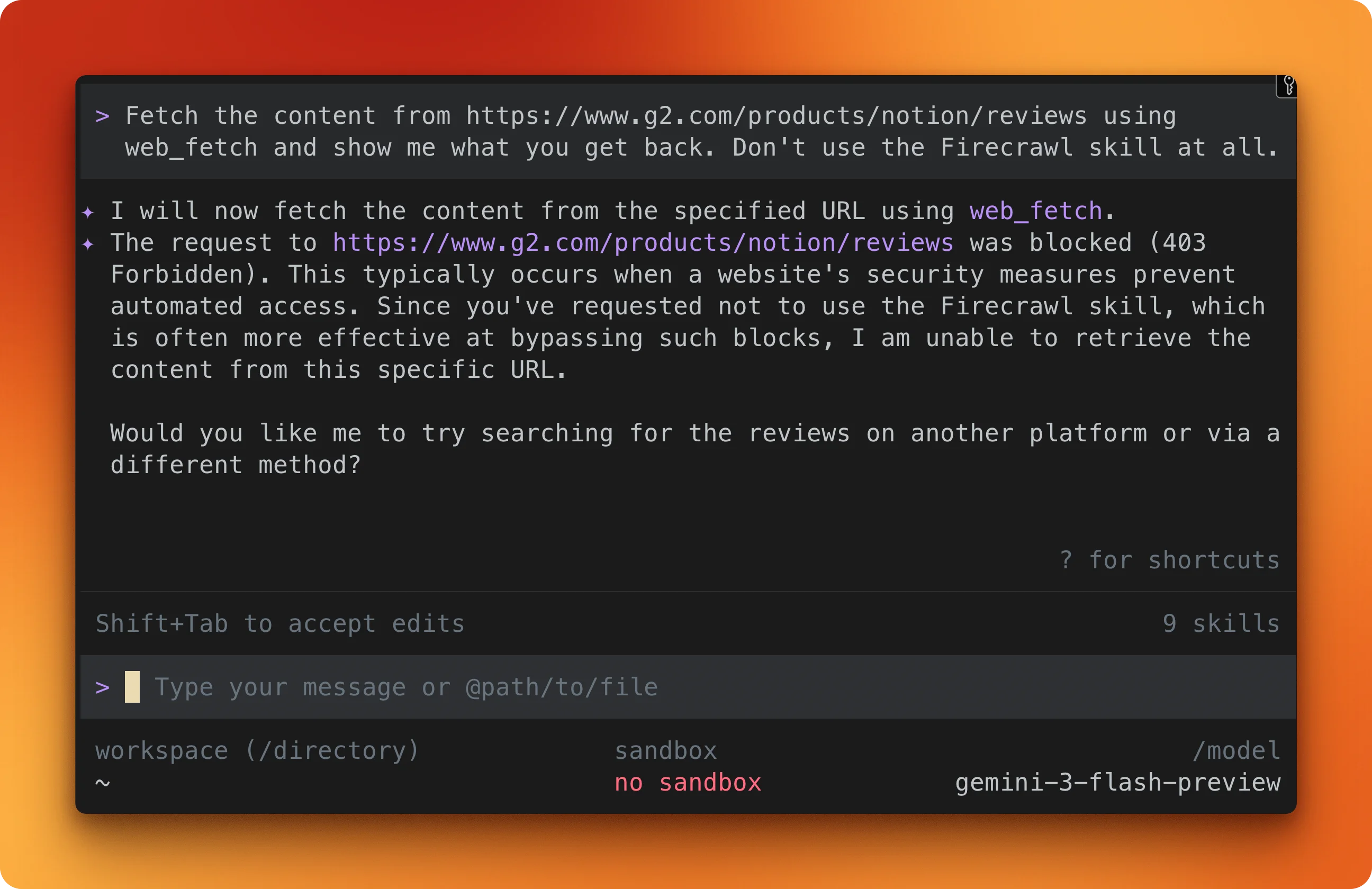 Gemini CLI web_fetch returning a 403 on the G2 Notion reviews page