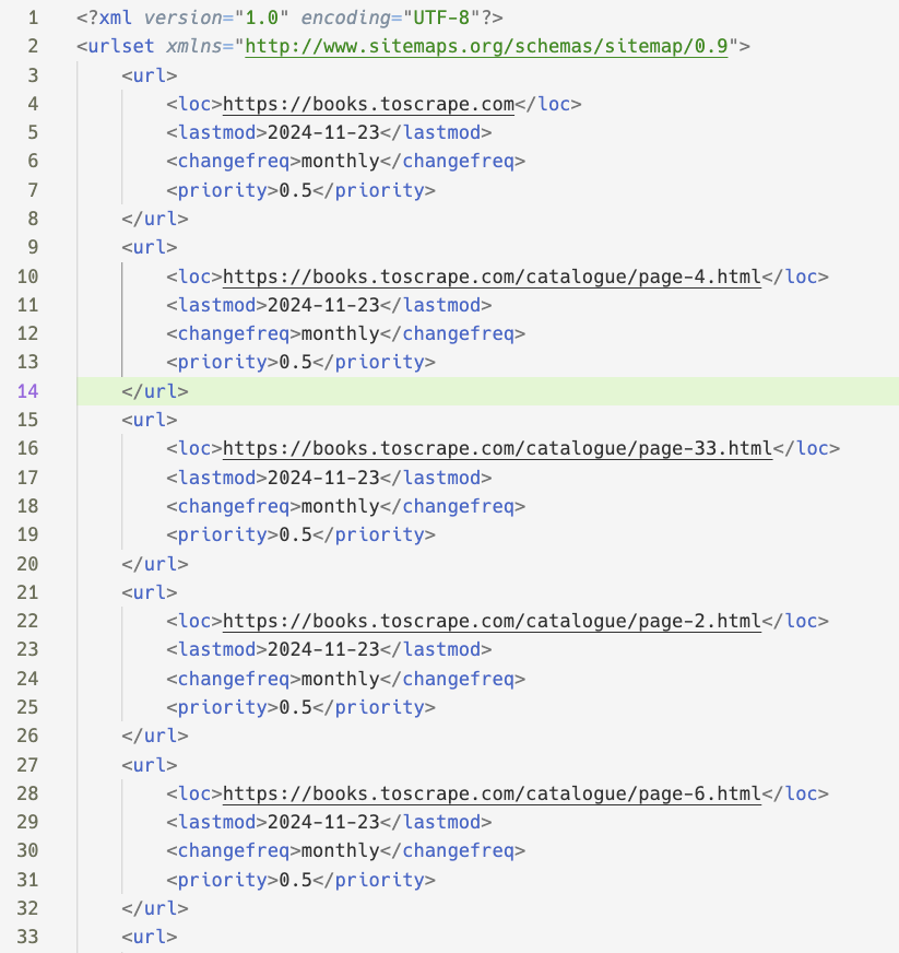 Example of an XML sitemap showing structured URL data with lastmod, changefreq and priority tags for search engine optimization