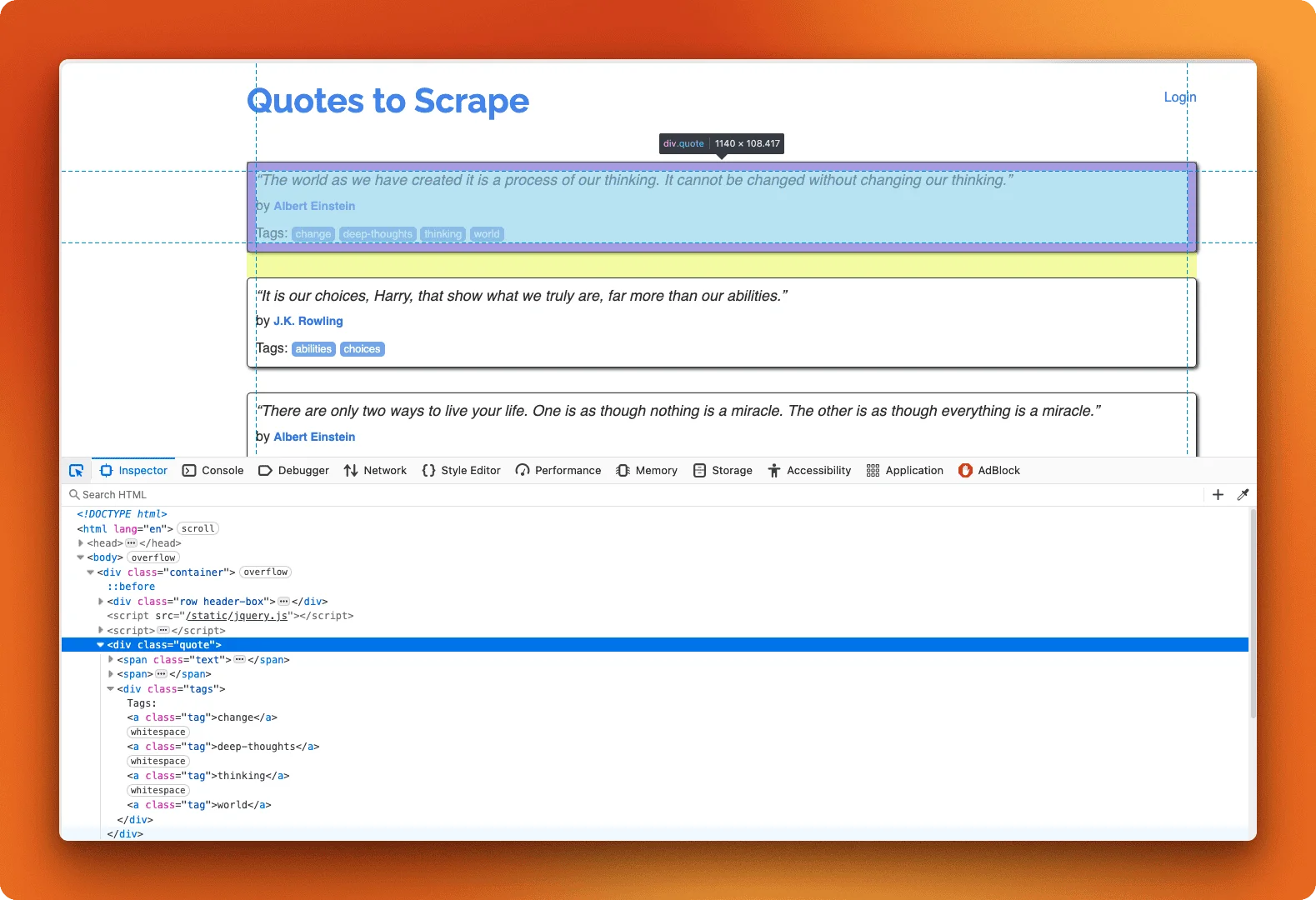 DevTools inspector showing the HTML structure of a quote element