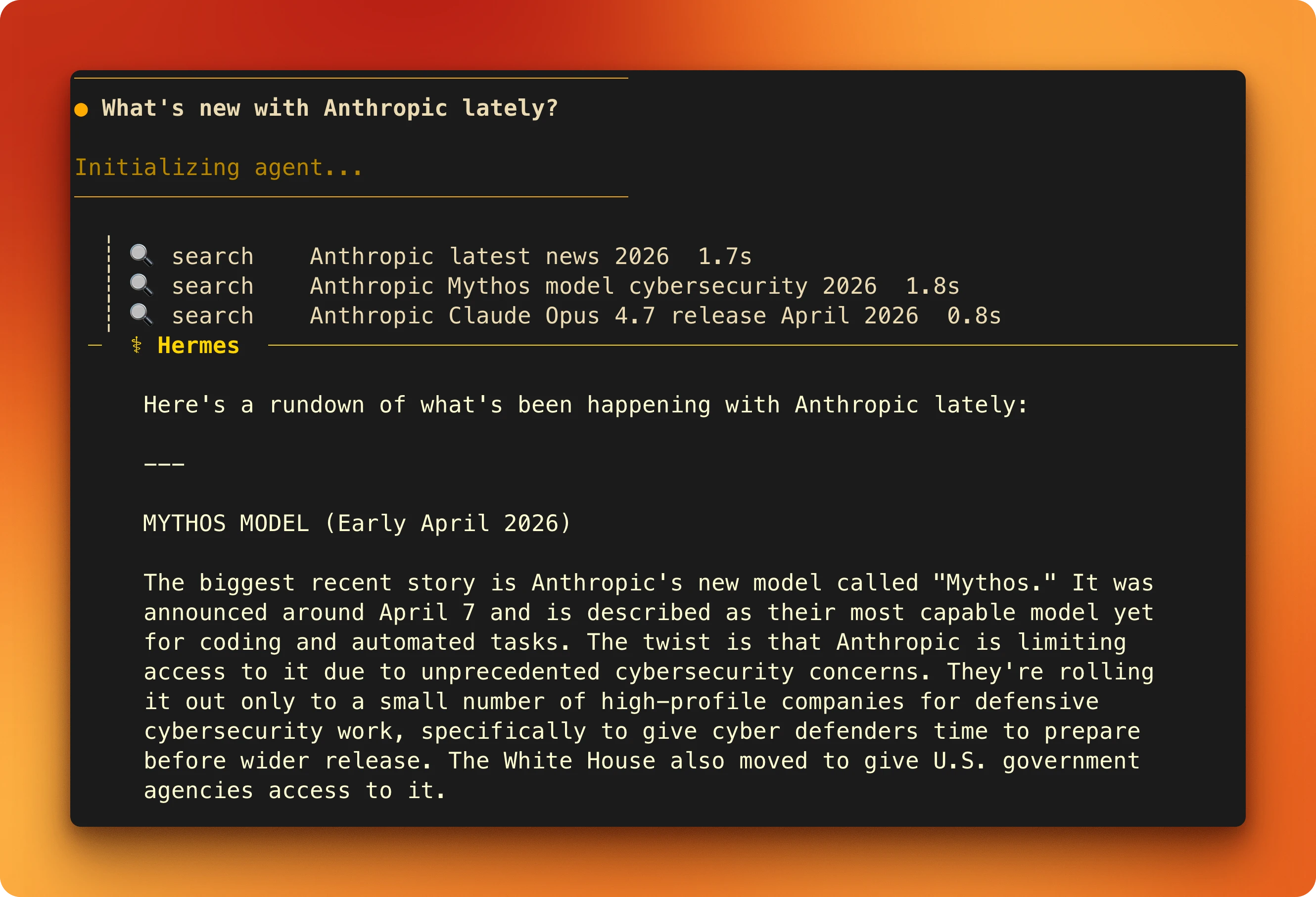 Hermes agent invoking the web_search tool with Firecrawl as the backend and returning markdown results