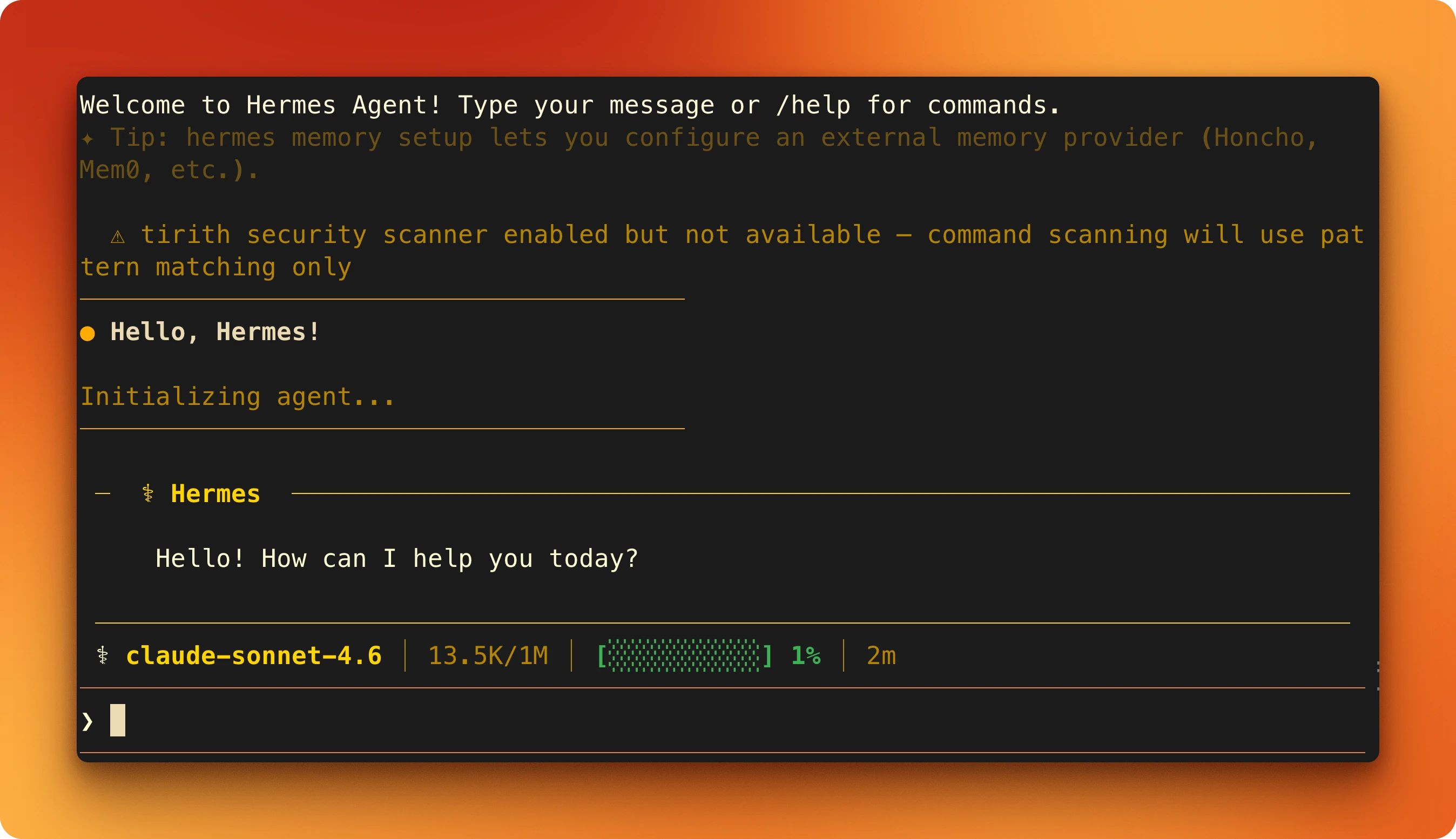 Hermes responding to a first sample prompt typed by the user, showing the conversational interface in action