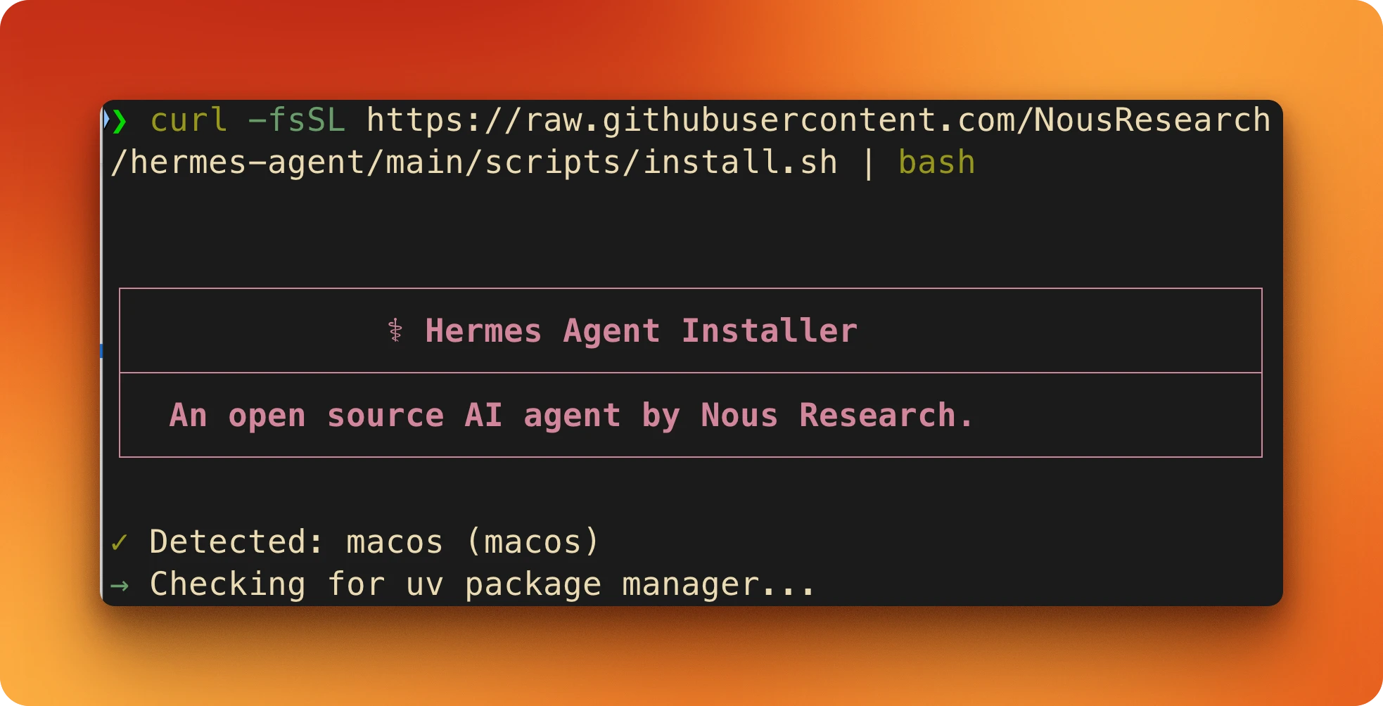 Terminal output of the one-line Hermes install script completing on macOS