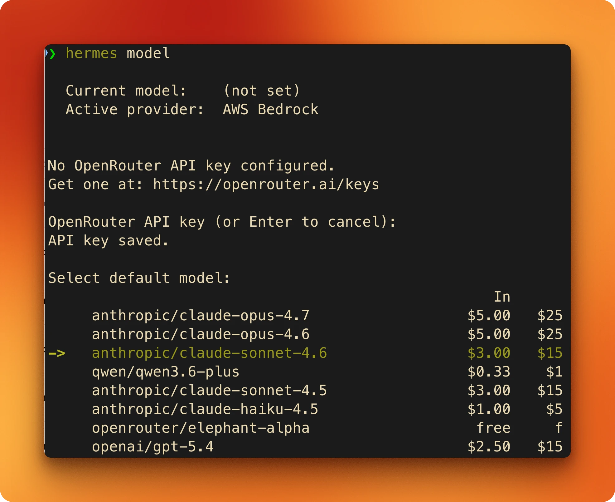 hermes model interactive wizard showing the active provider, the API-key prompt, and the default-model selection list with prices