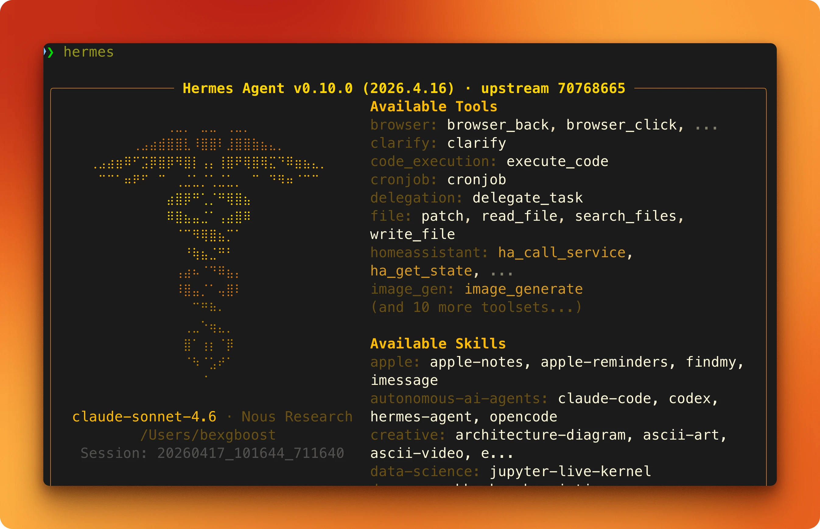 Hermes welcome banner with the ASCII logo, model name, tool count, and available skills
