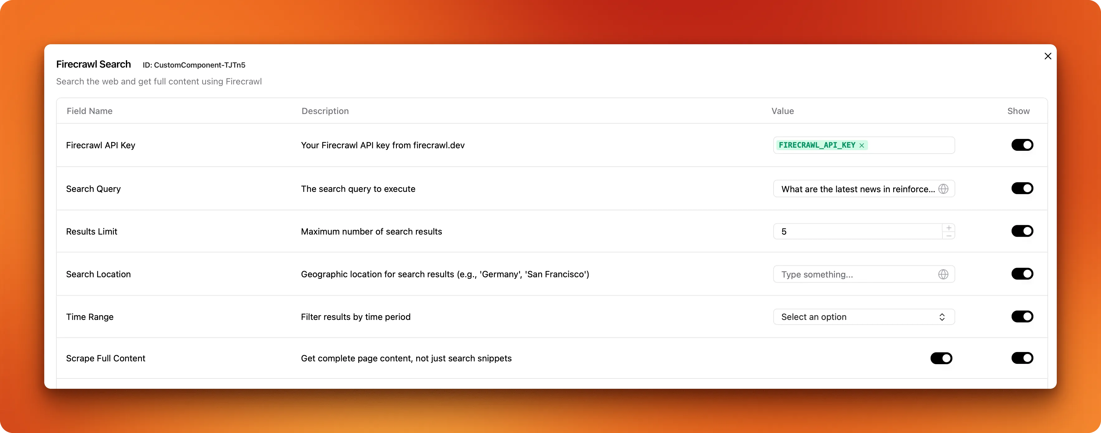 Screenshot of LangFlow component controls panel showing advanced settings toggles for search parameters like location, time range, and content scraping