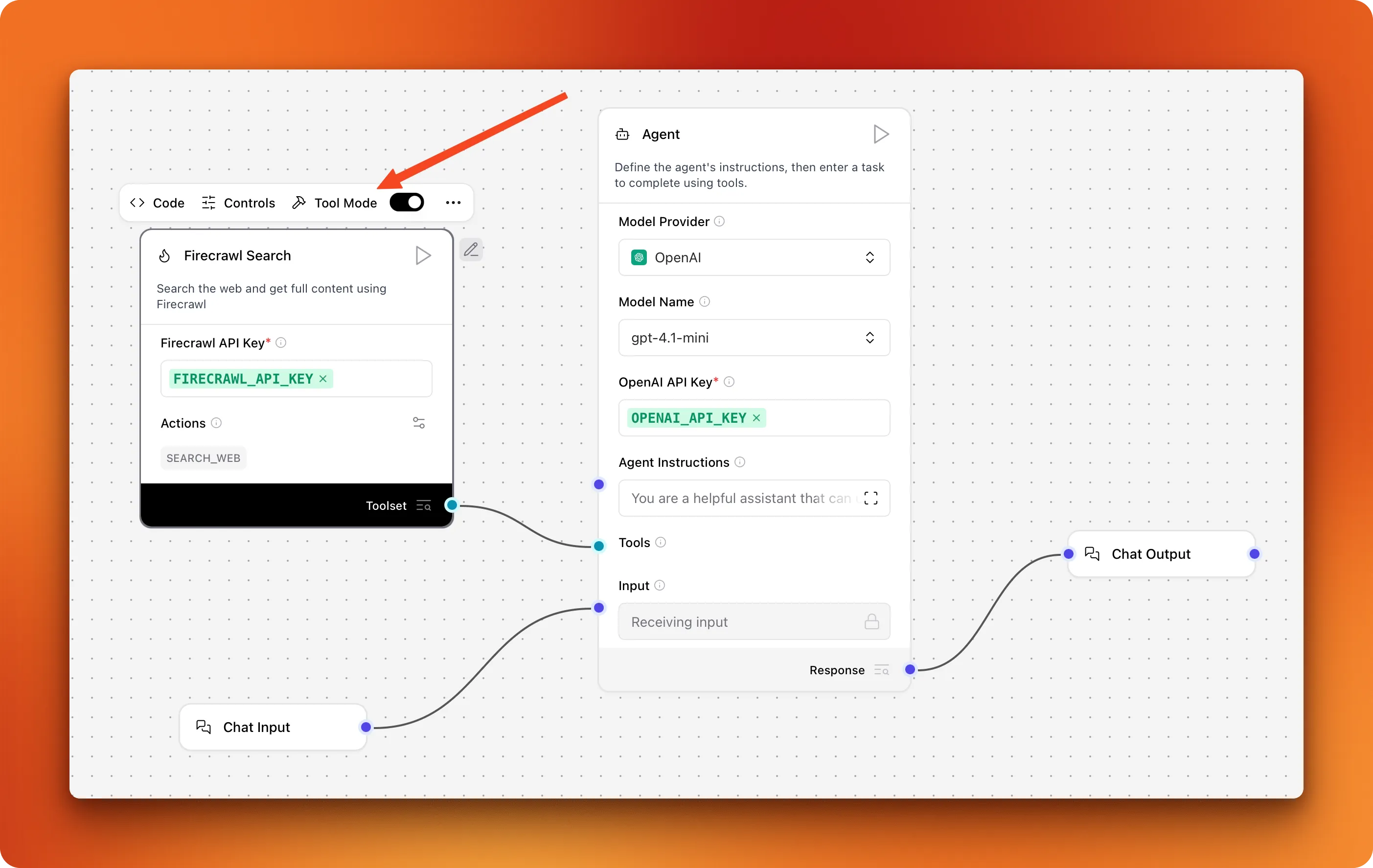 Screenshot of LangFlow interface showing a workflow with connected components including Firecrawl Search, Agent, Chat Input and Chat Output nodes