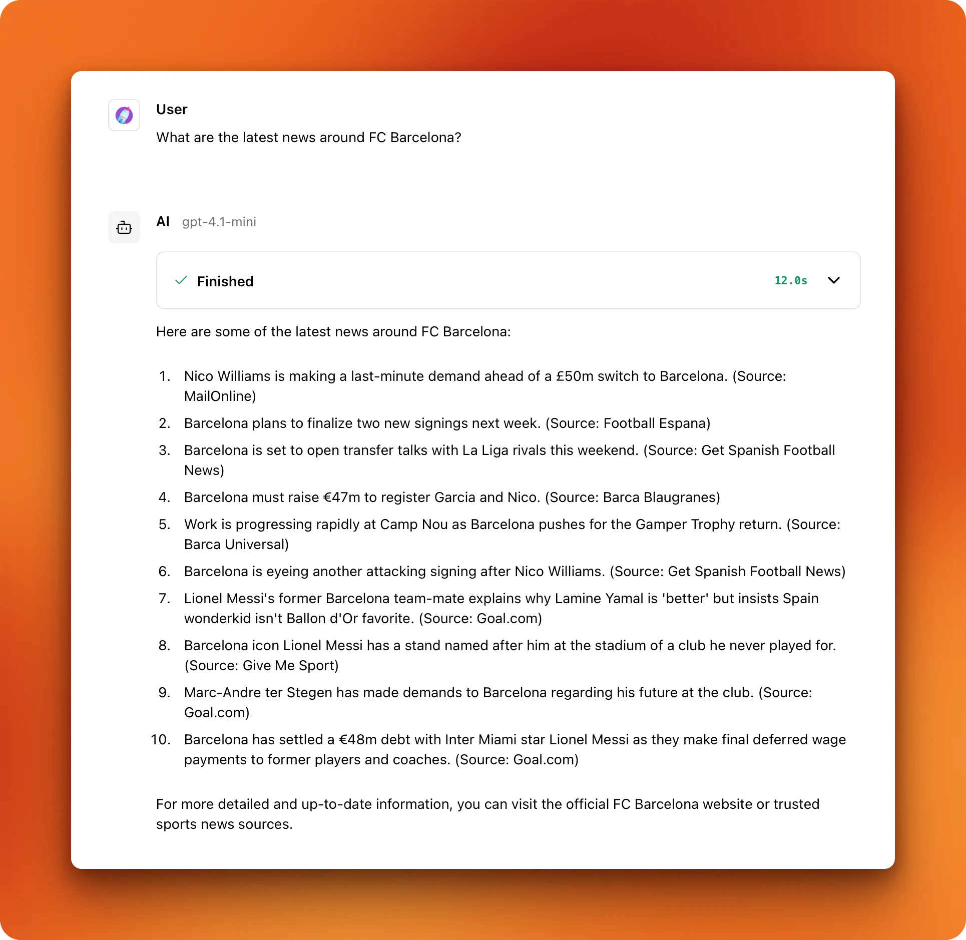Screenshot of LangFlow playground showing an agent responding to a query about recent AI news using the Firecrawl search component, displaying up-to-date information in a chat interface