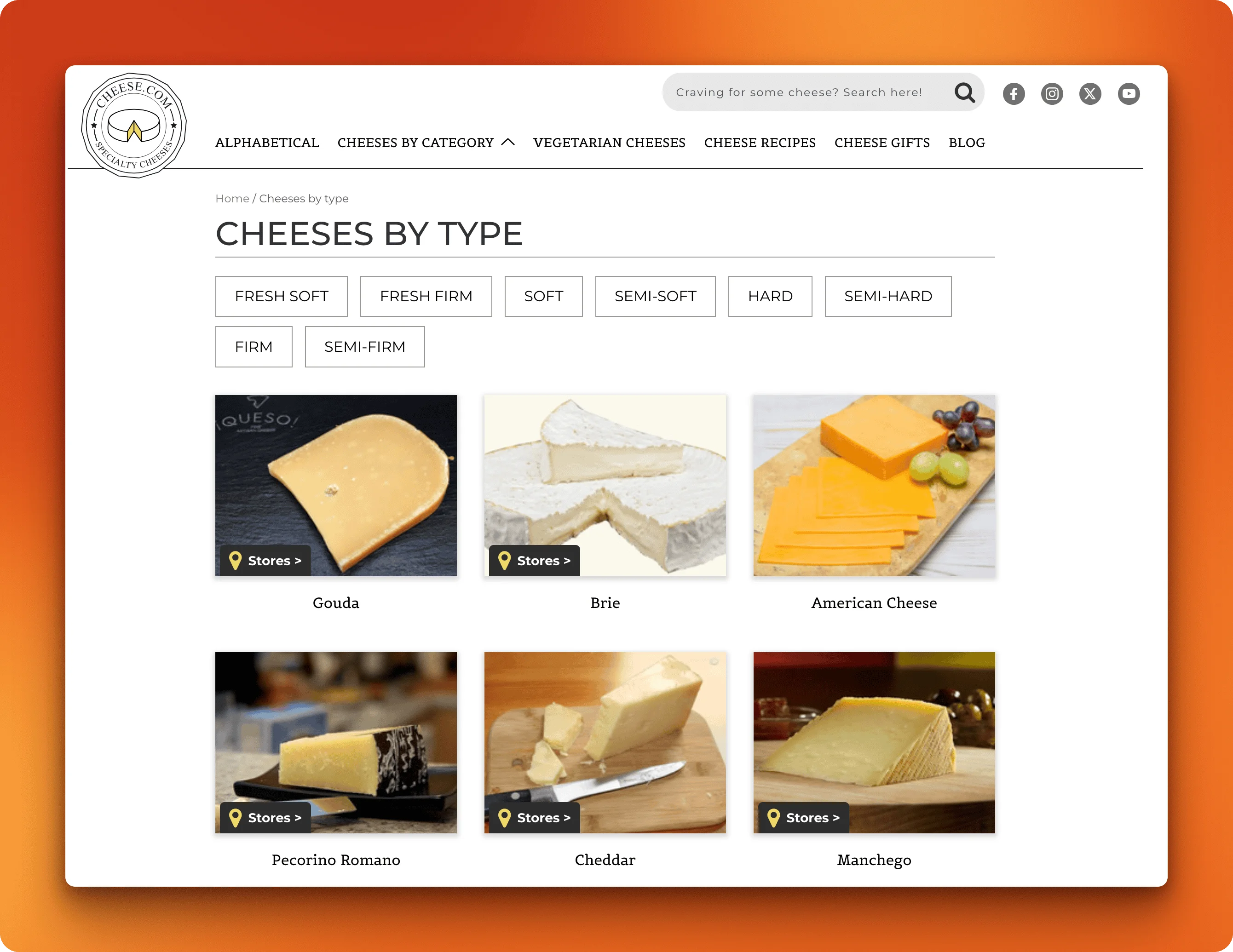 Cheese.com types directory page displaying a grid of cheese cards with photos, names, and descriptions, demonstrating a typical list crawling target with repeating HTML patterns and numbered pagination