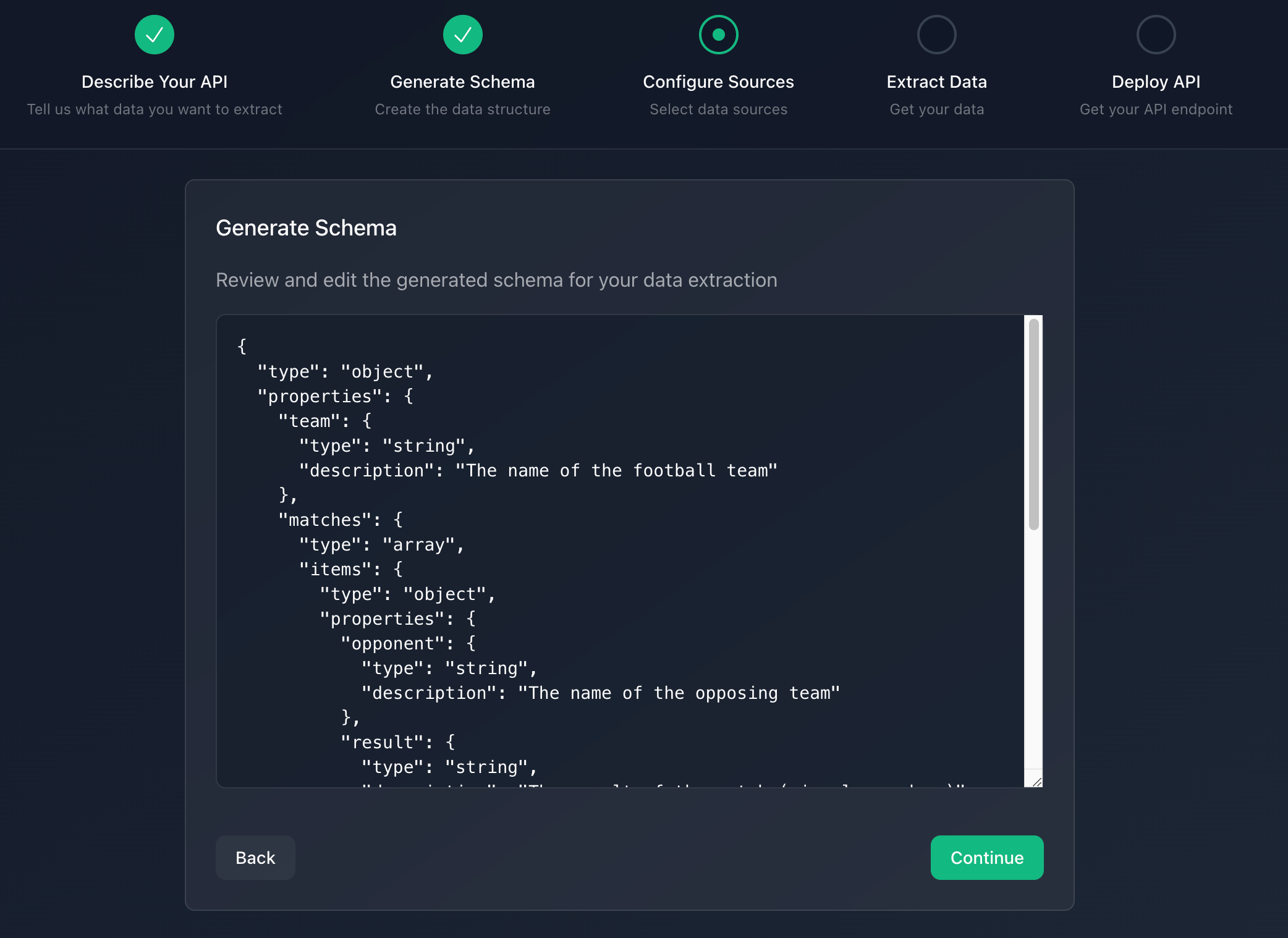 Schema generation interface showing JSON structure with field types and descriptions