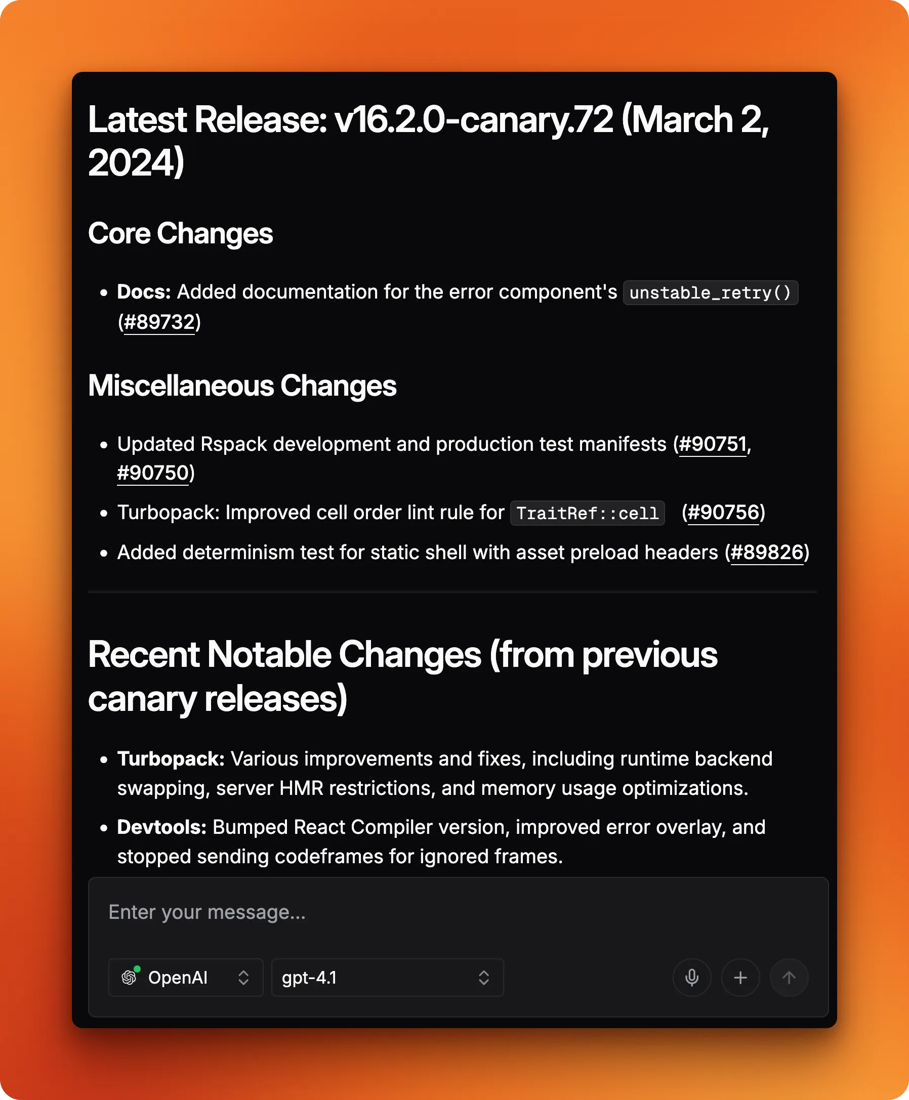 The agent's formatted changelog summary for Next.js