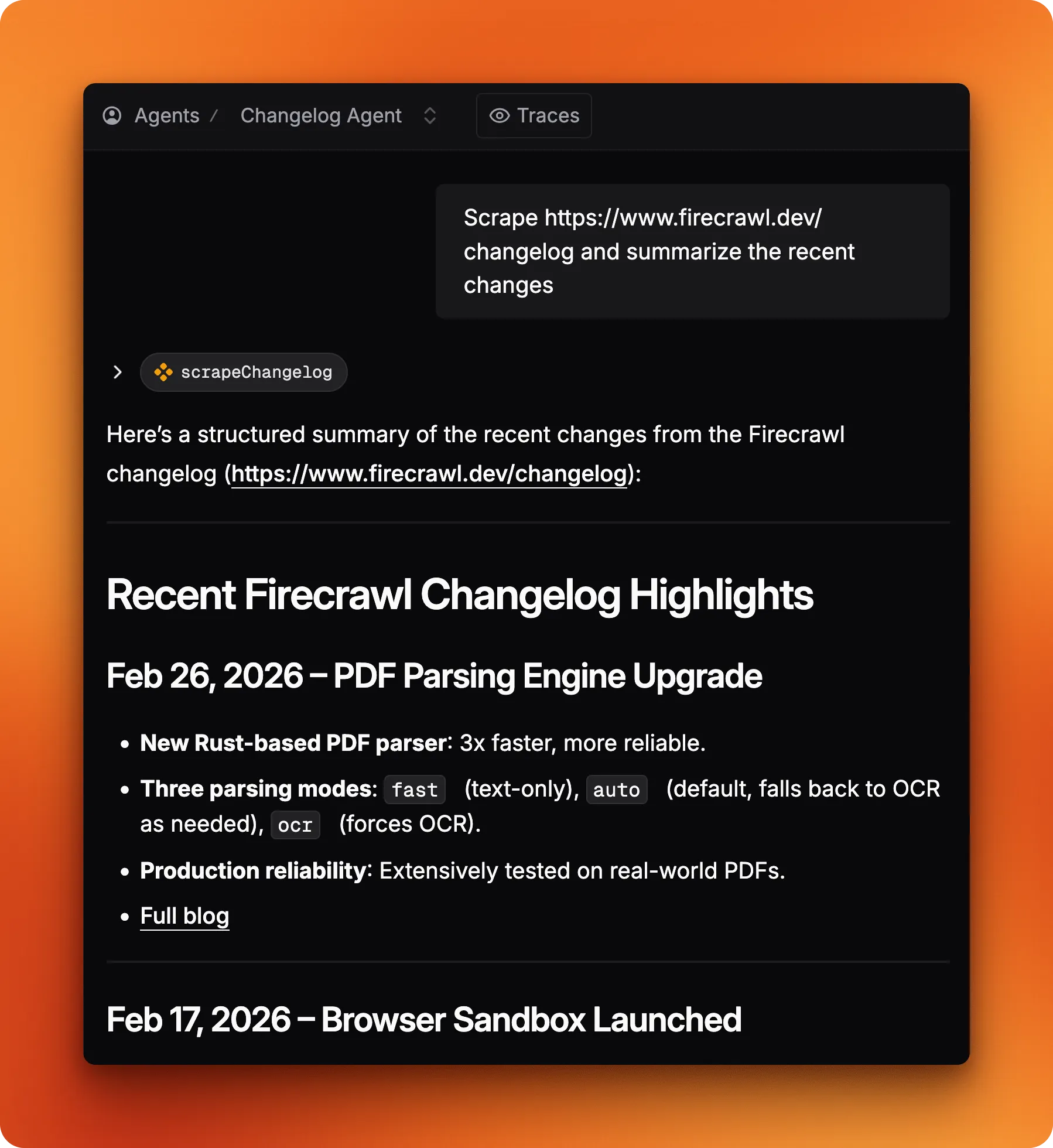 The agent scraping Firecrawl's changelog directly when given a URL instead of a library name