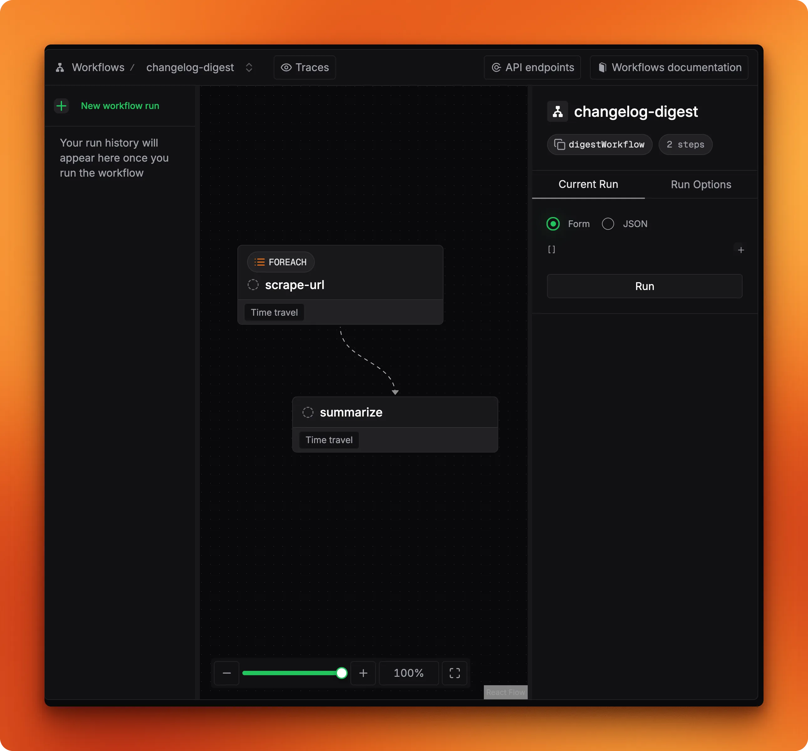 Mastra Studio DAG view showing the workflow graph: foreach scrape-url feeds into summarize