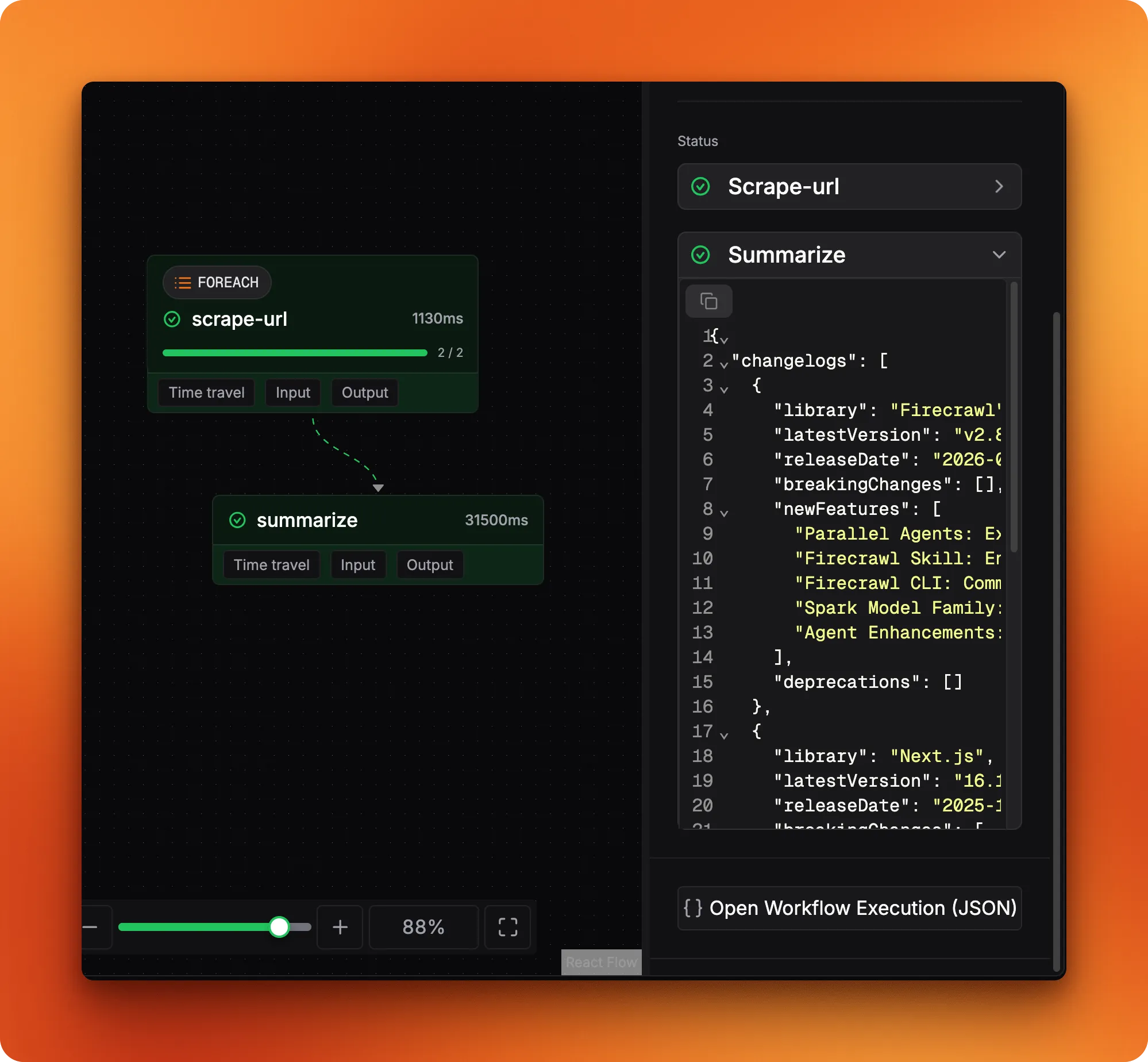 Completed workflow execution with both steps green and structured JSON in the summarize output panel