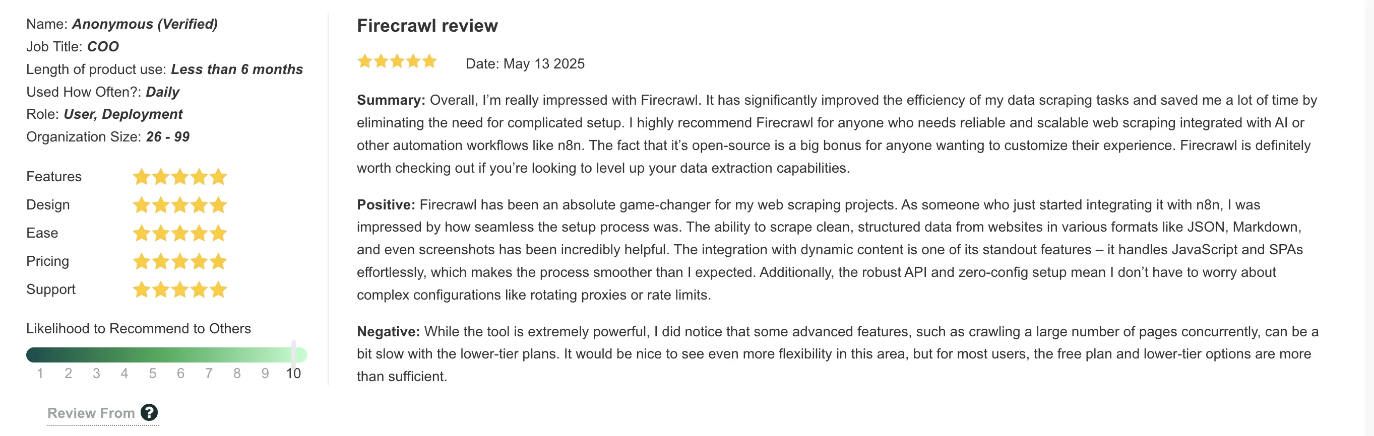 Quote praising Firecrawl for easy, seamless integration with no-code tools like n8n, making web scraping simpler.