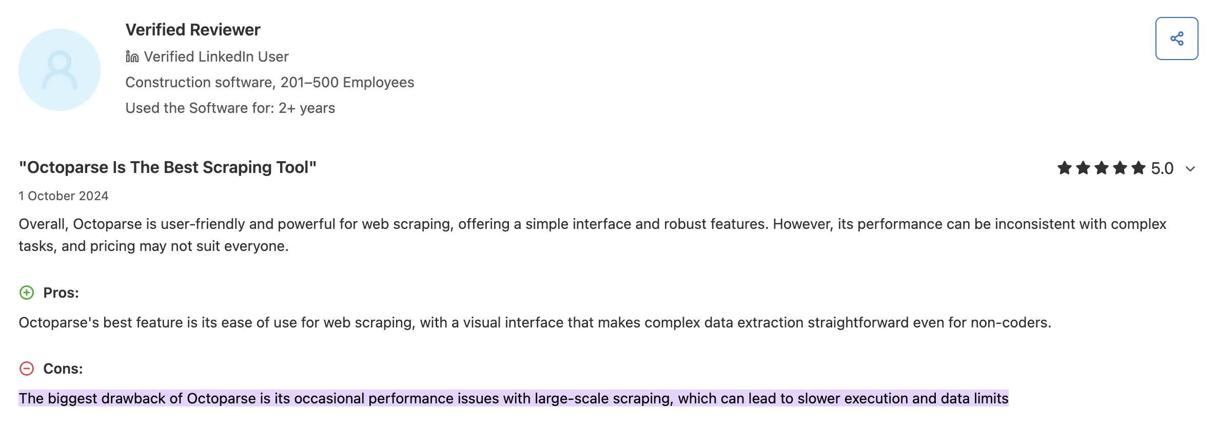 A Capterra review on Octoparse notes performance considerations with large-scale scraping.