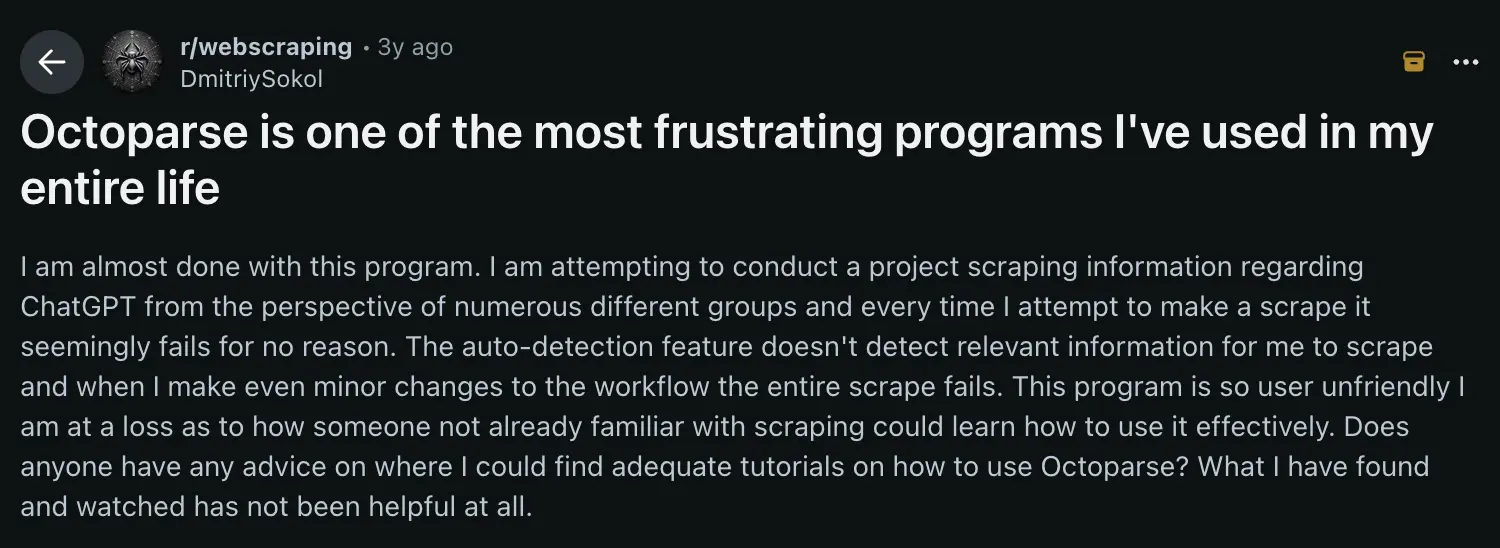 A developer on Reddit shares their experience with Octoparse's auto-detection and workflow changes.