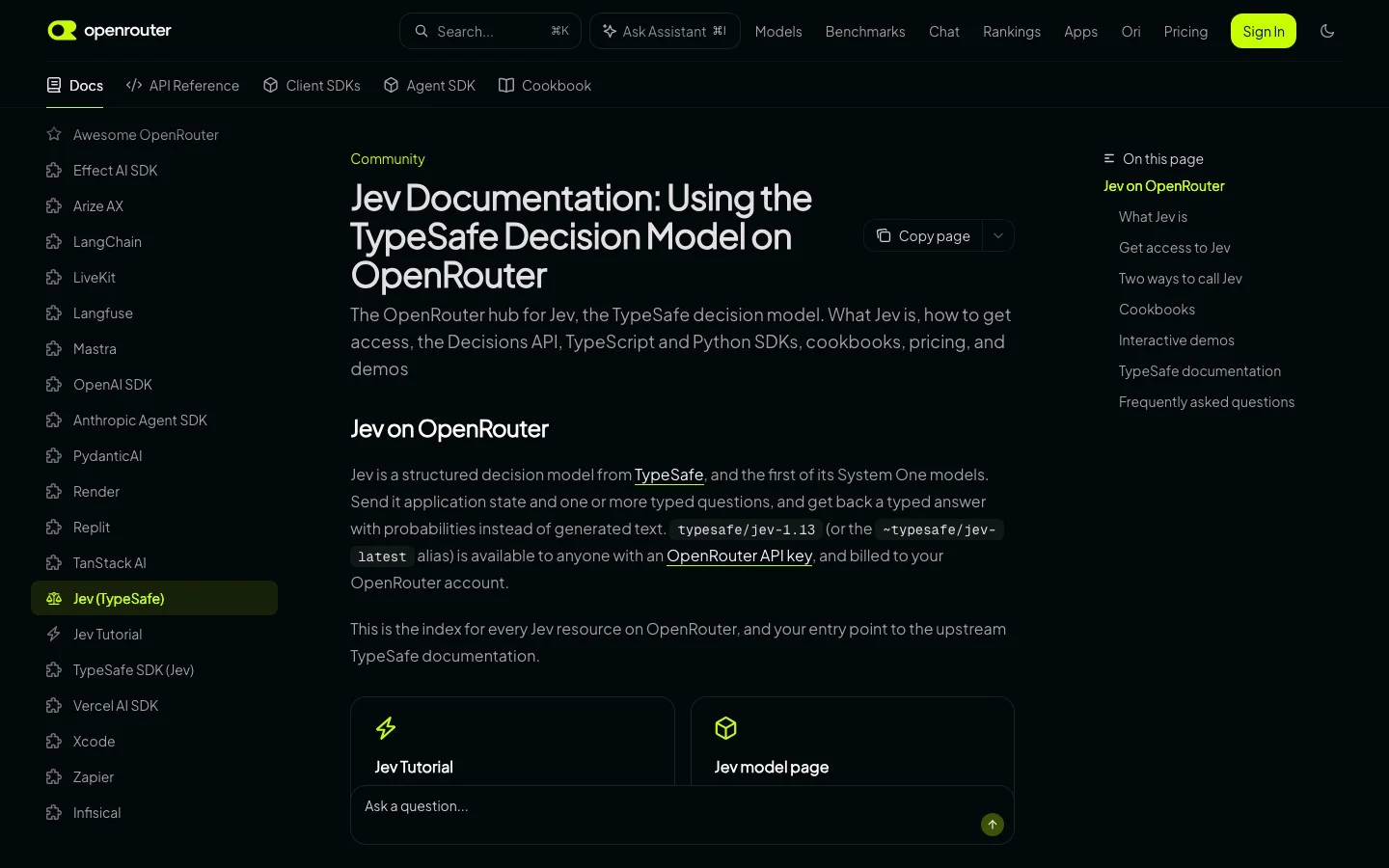 OpenRouter's Jev documentation page describing the TypeSafe decision model and its two API surfaces
