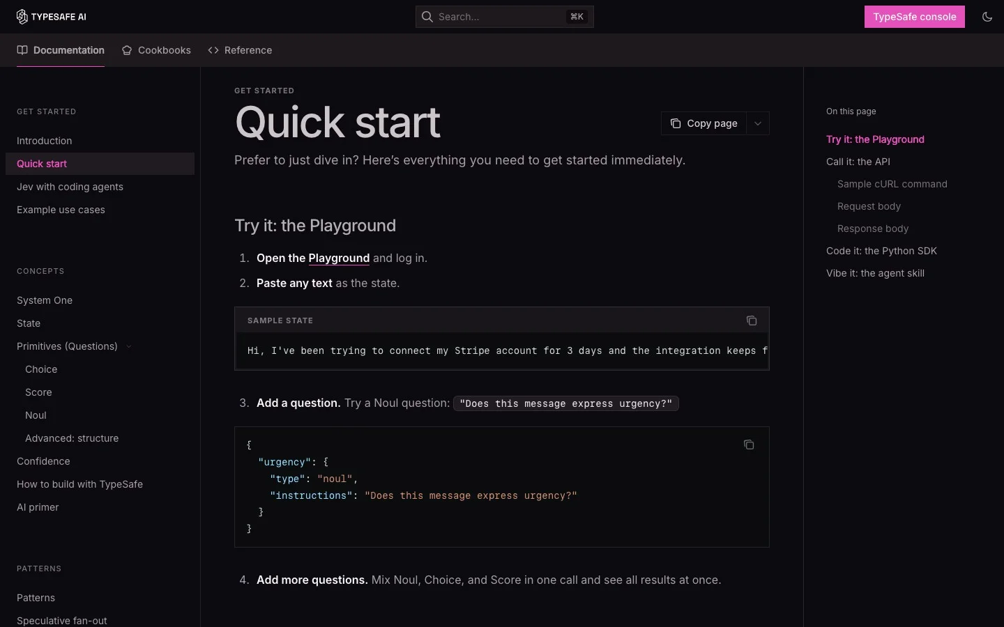 TypeSafe's Jev quick start docs showing a Noul question defined as JSON against a sample support-ticket state