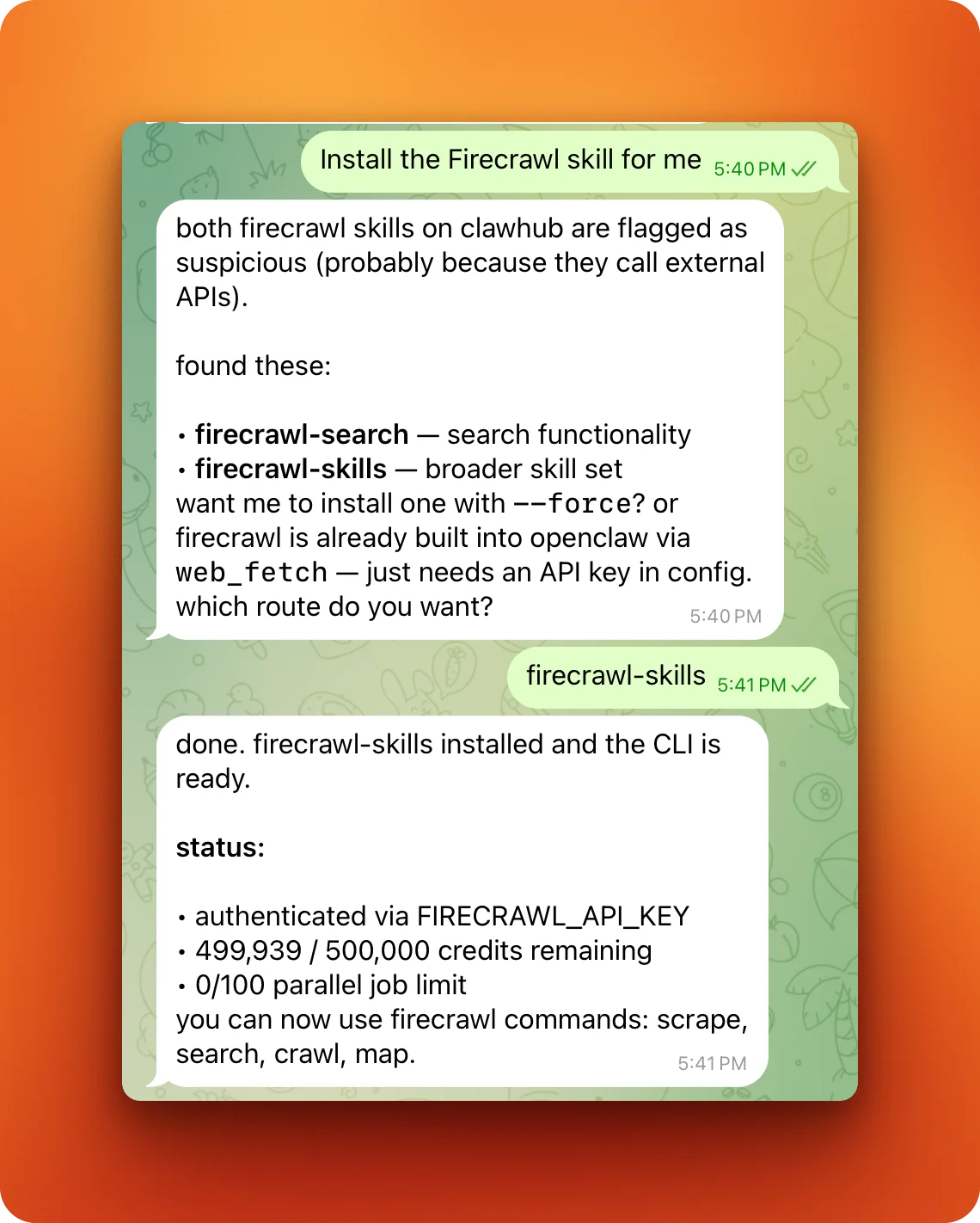 Telegram chat showing OpenClaw agent installing the Firecrawl skill from ClawHub with a single message command