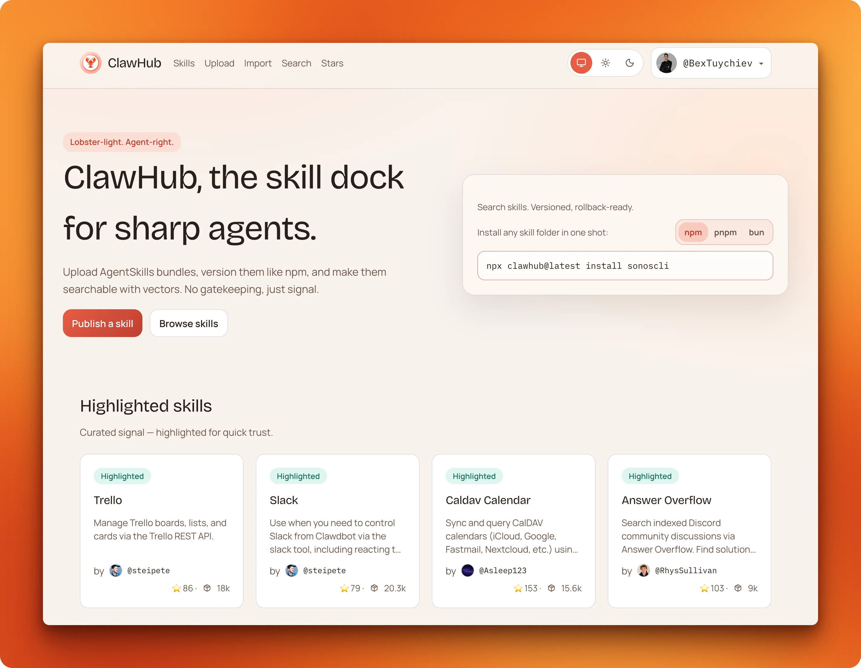 ClawHub skill registry homepage showing highlighted skills and install commands