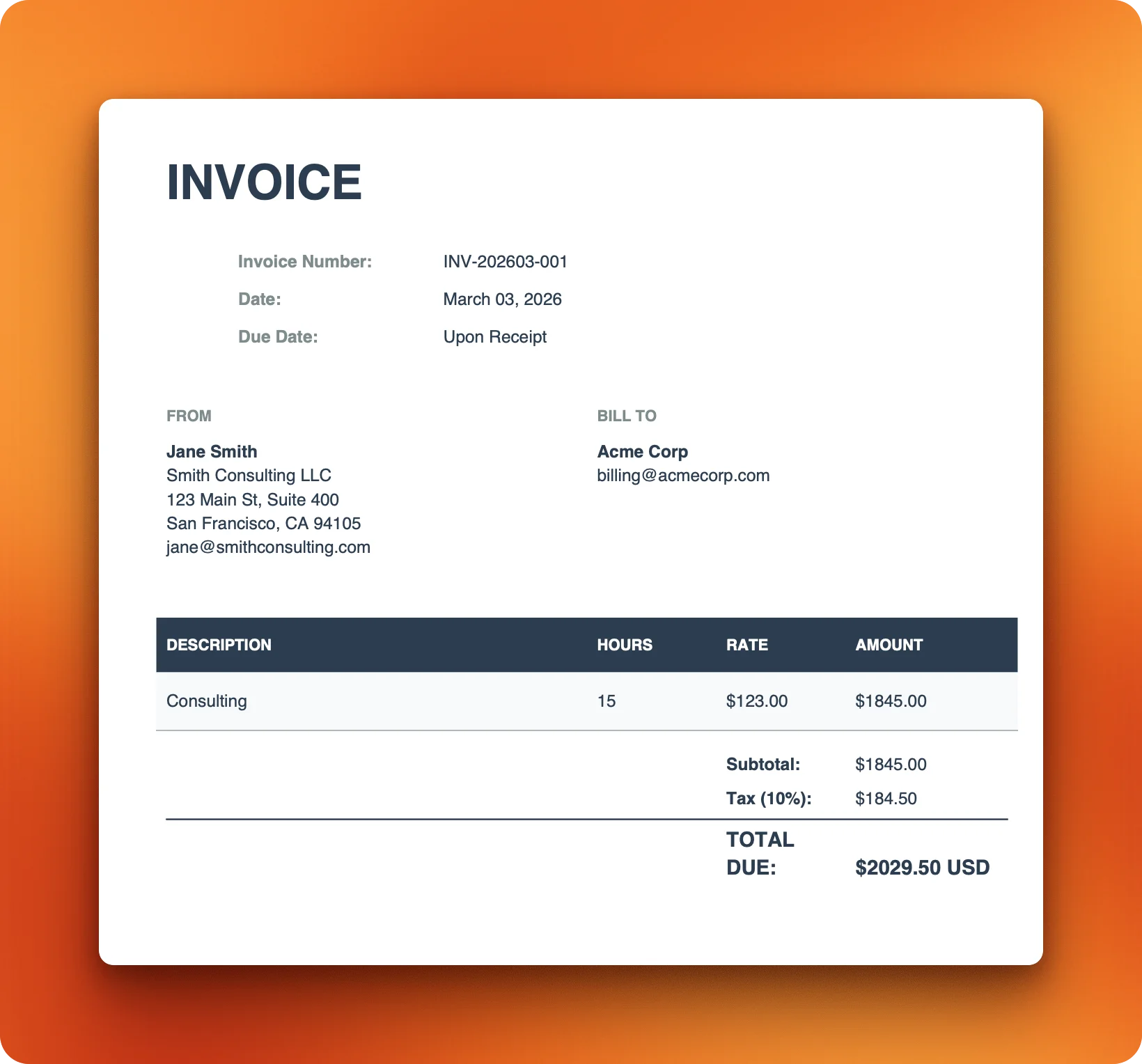 Generated PDF invoice with line items, tax calculation, and total from the custom OpenClaw skill