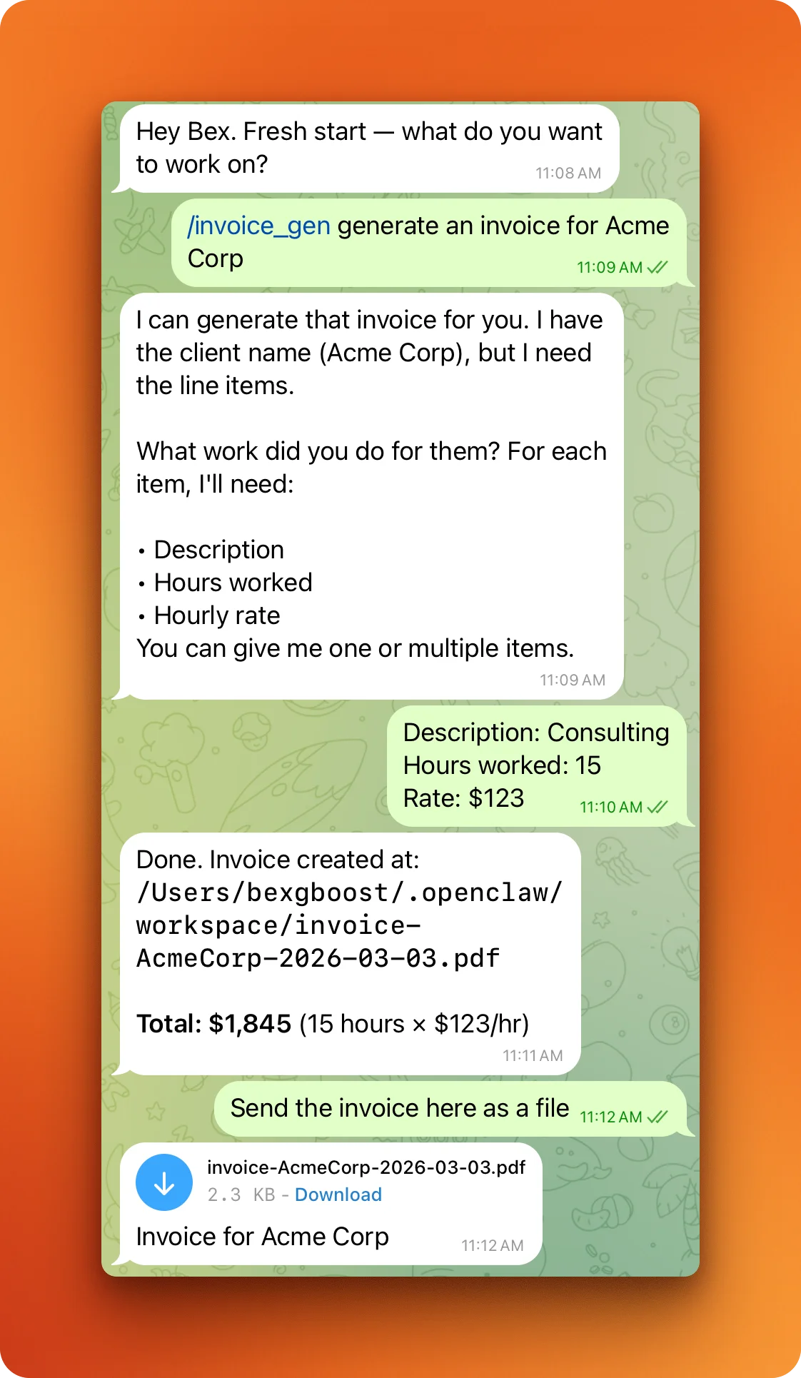 OpenClaw invoice generator skill tested via Telegram showing input collection and PDF delivery