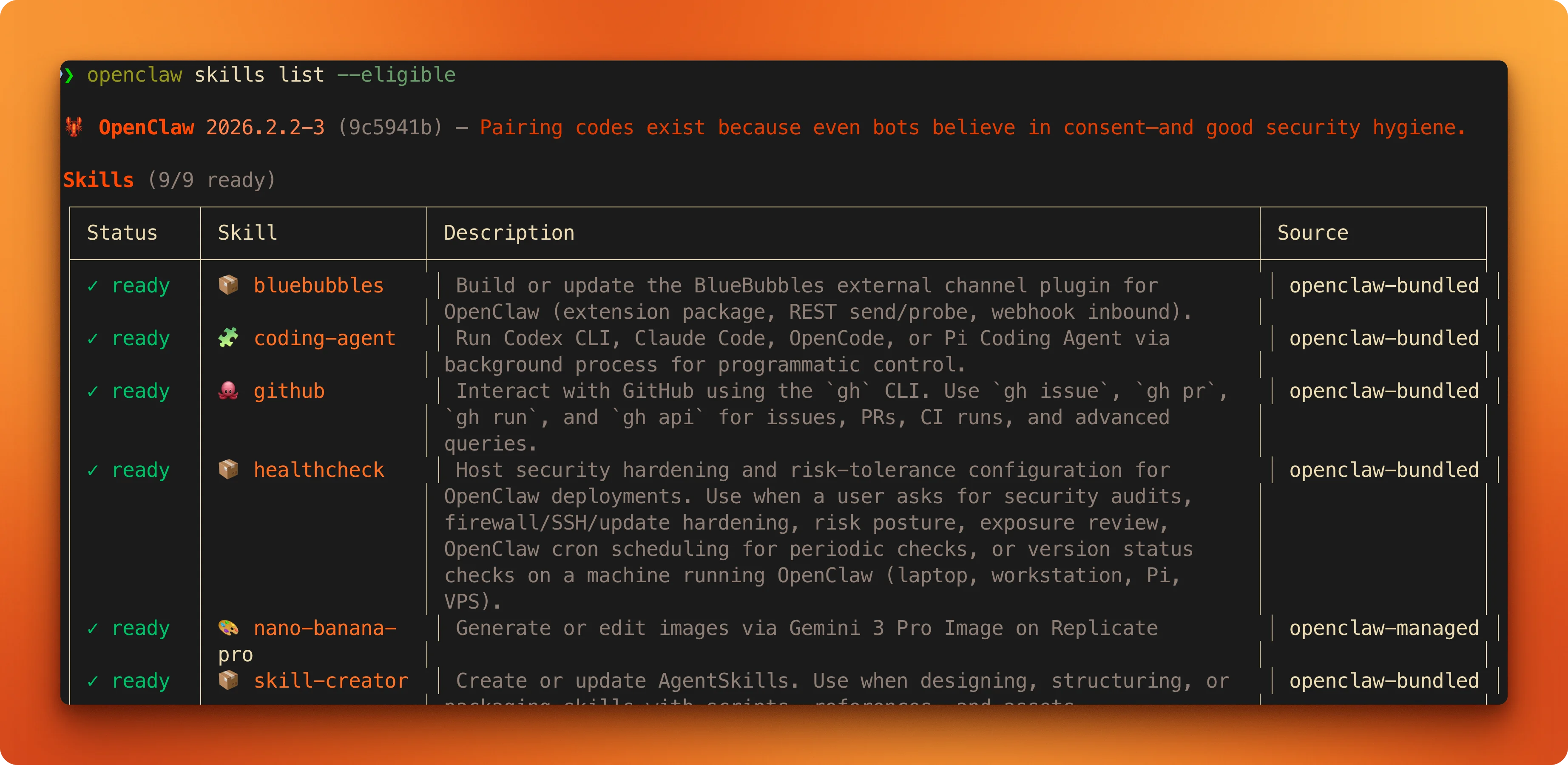 OpenClaw terminal output showing installed skills with status and descriptions