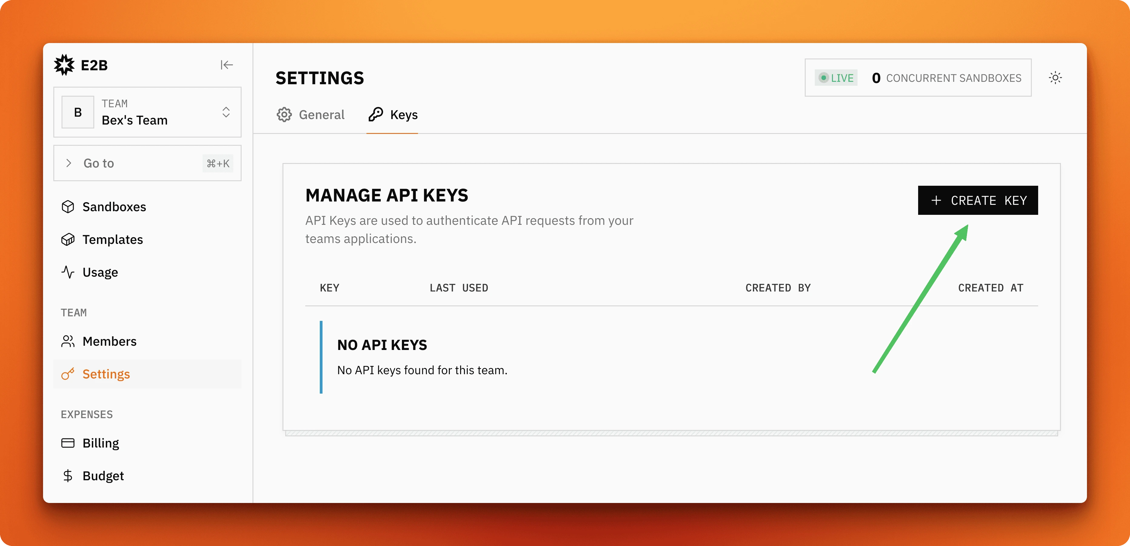 E2B dashboard showing API key creation interface for sandbox configuration