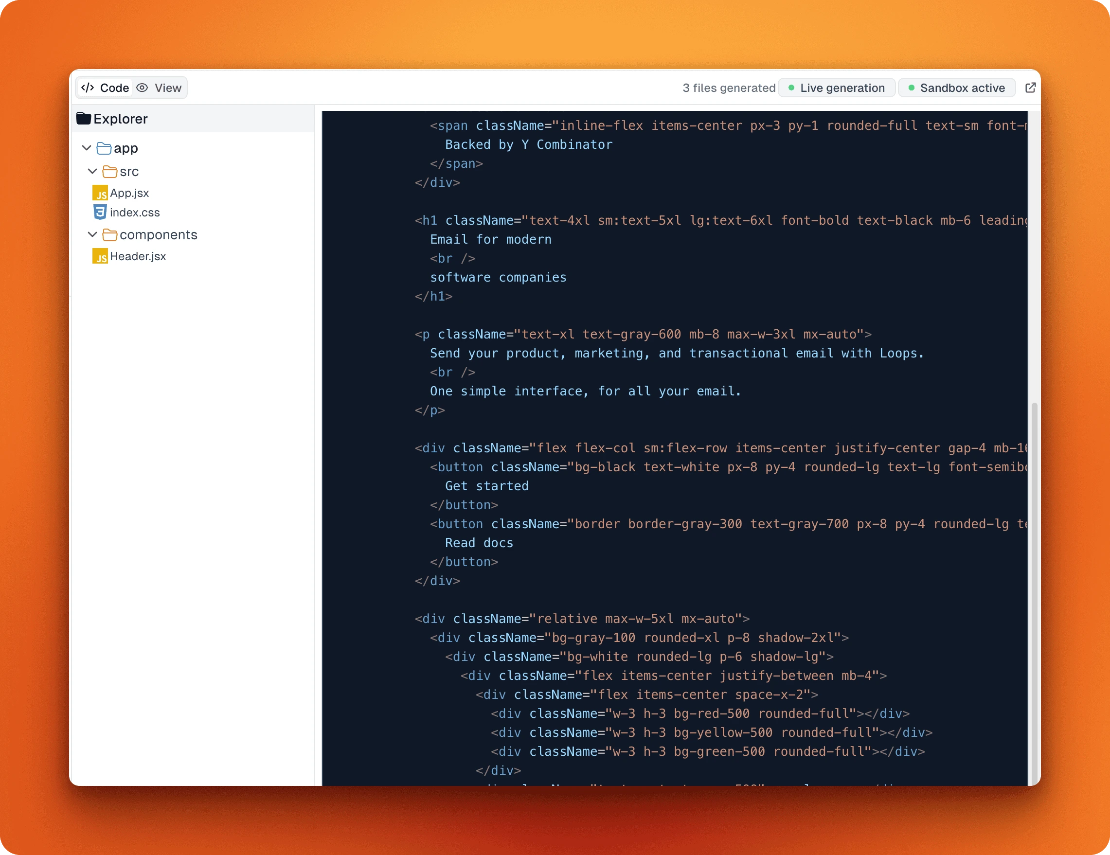 Open Lovable code generation progress showing React component creation in real-time